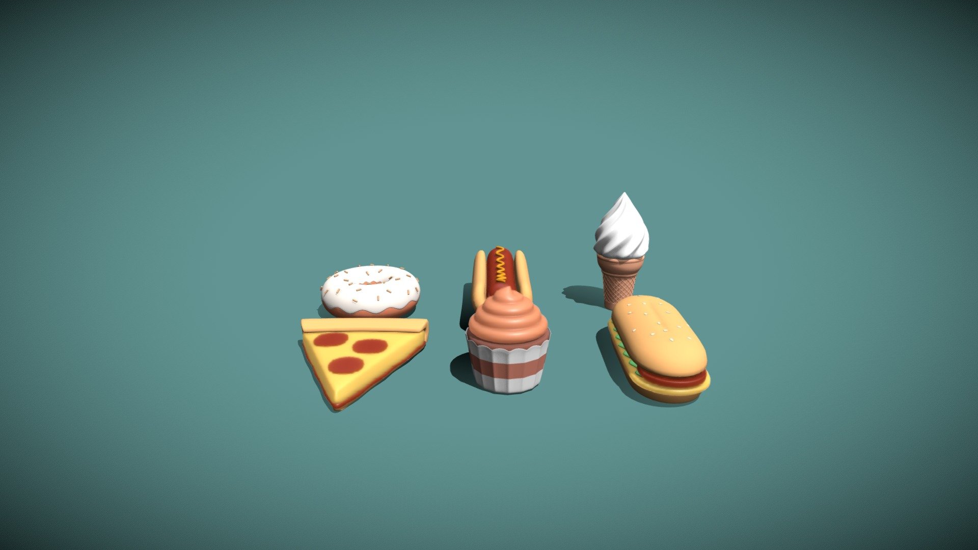 6 Cartoon/emoji food models: Pizza slice, hotdog, sandwich, doughnut, cupcake, icecream.

File formats: FBX, OBJ, Blend