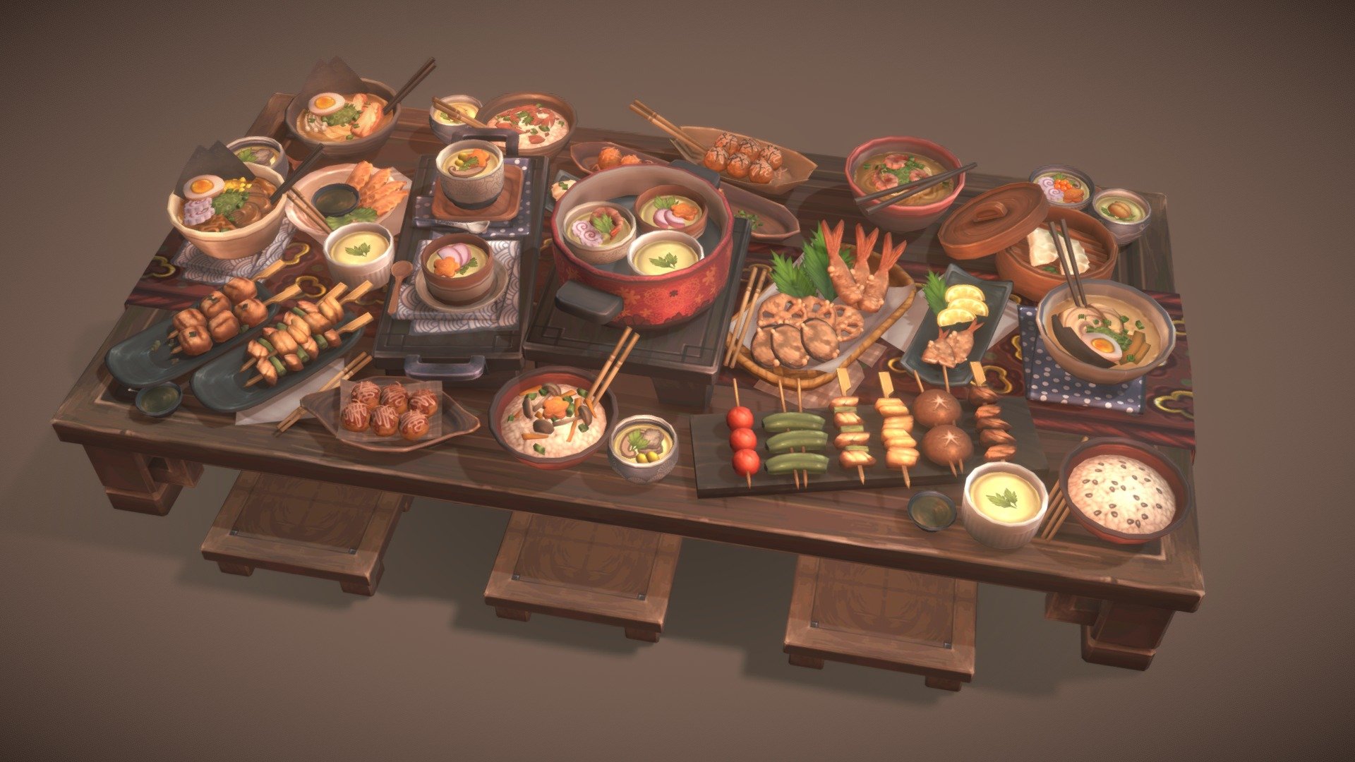 Japanese food - Pack02

Hello! Welcome to the most complete stylized Japanese food pack in the entire internet. This Pack02 is part of a big set, the next ones are in production now, please take a look at
the existing packs:

Pack01: https://sketchfab.com/3d-models/sushis-b1e4fd2066a745f5ae32a0dc2c9f7d50

With the most common Japanese Food you will be able to make delicious dishes. They are modular, all the ingredients are separated,
for example, to make a tonkotsu ramen you will need the ramen, bowl, pork meat, and the toppings you choose. They are fully hand-painted!

The kit include 158 items totally unique. They share three materials and three diffuse textures in 2048 or 1024.

Kit content: 

-28 Ramen 
-22 Tempura
-10 Gyoza
-09 Takoyaki

-35 Chawanmushi
-10 Maze Gohan
-12 Kare-Raisu
-09 Yakitori

Thank you for taking a look!