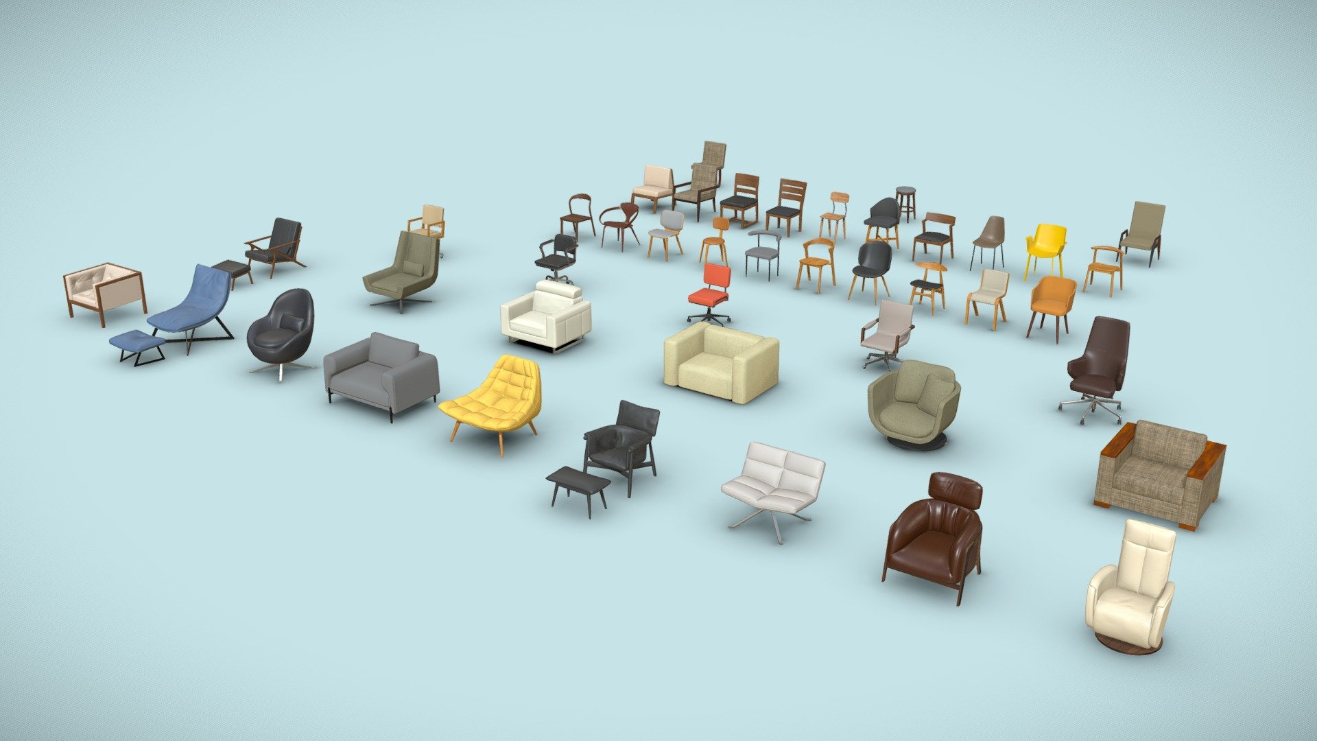 This comprehensive collection of chairs includes 46 models made to fit any game or archviz project you may have in mind.

All of the models have a relatively low triangle count, with the highest being 5,620.

All included models have a separate lightmap UV channel.

Be sure to check out my other models!  →→ https://sketchfab.com/manifoldassets