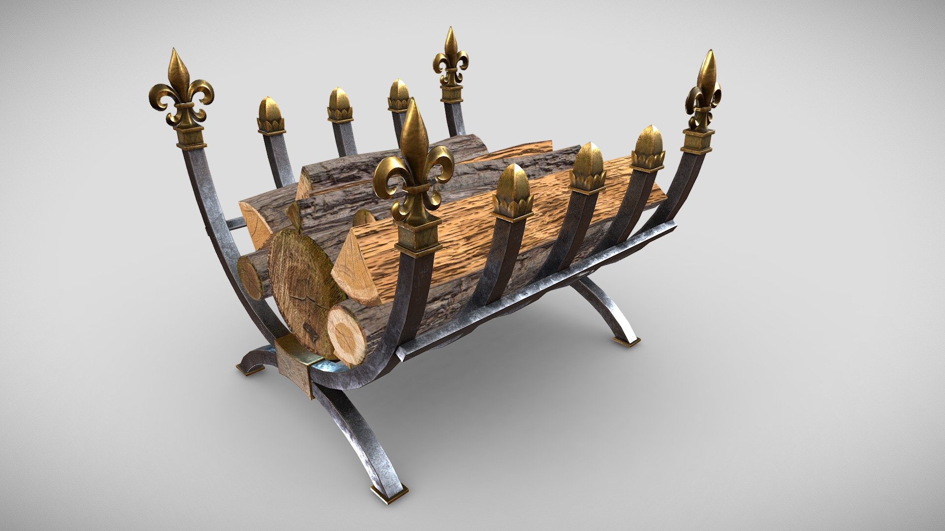 Decorated wood storage made of two types of iron. The design is subject to functionality, it consists only of a basic iron skeleton with decorated ends. Of course, there must be a filling in the form of chopped logs suitable for slow burning in the fireplace.The model is suitable for a any fireplace of the late 19th century. Models also have LODs and custom coliders for easy use as game props. Packed Ambient oclusion(R), roughness(G) and metalic(B) and unreal engine 4 project is also included.