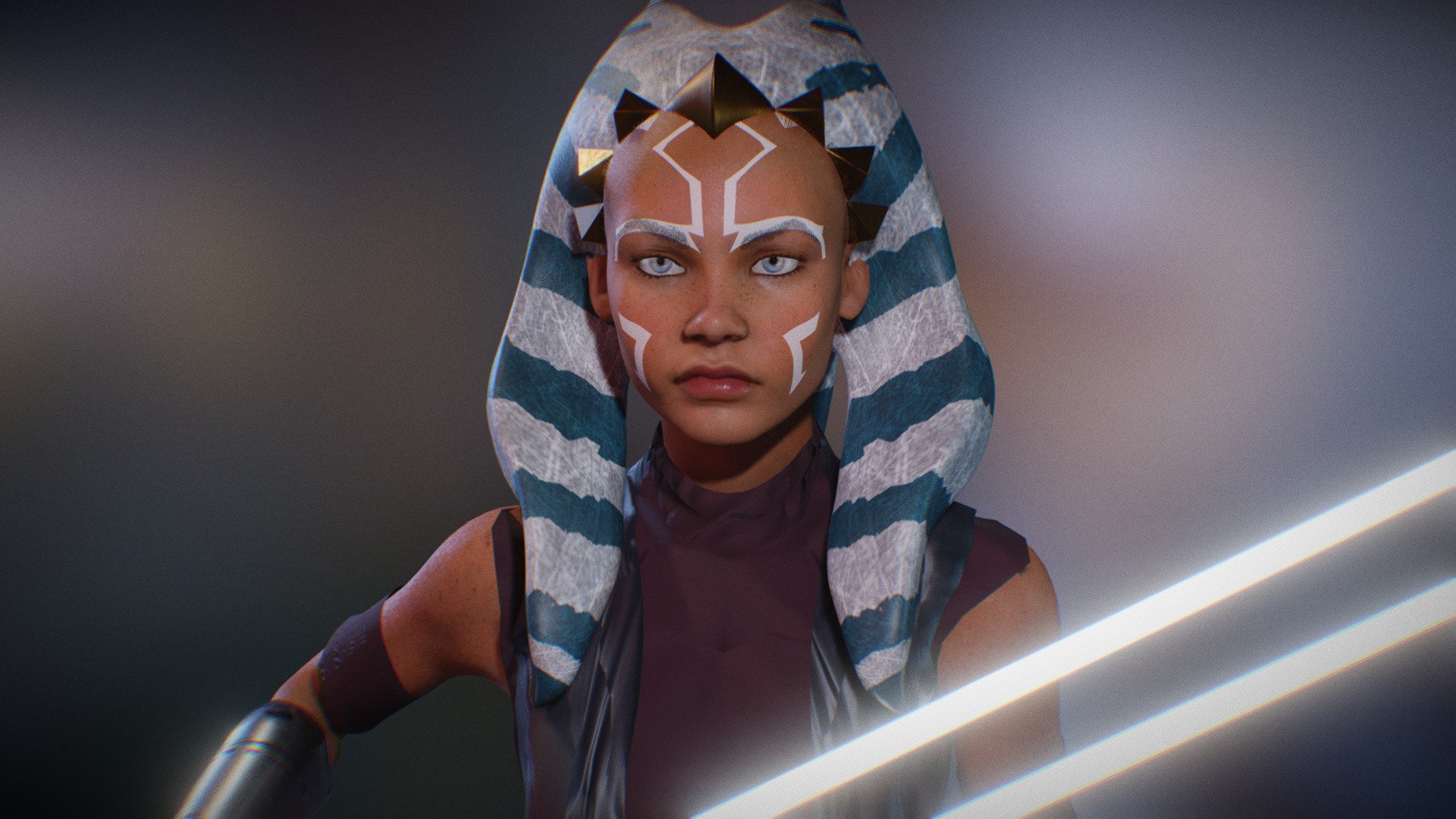 Clone Wars  Ahsoka from the StarWars series film female model. mixamo bone names for animations. sss subsurface scattering. body fully rigged.  basic face rig. model in blender file. Basic animation.