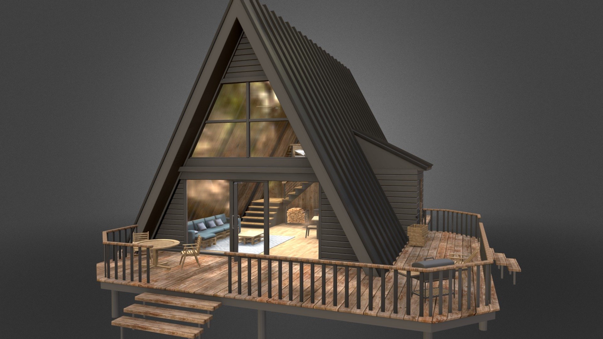With its distinctive triangular architecture, this cabin stands as a cozy haven in the woods. The cabin's interior features an open-concept design, making it a perfect space for relaxation and connection with the great outdoors. Large windows and front porch provide panoramic views of the surrounding forest, creating an immersive experience with nature.

Available on Fab: https://www.fab.com/listings/112d8140-d936-47a7-8cc6-ed6de459b424