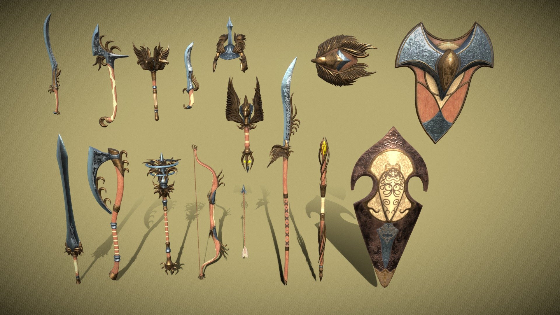 A set of fantasy Elf weapons.

The set consists of sixteen unique objects.

PBR textures have a resolution of 2048x2048.

Total polygons: 72860 triangles; 36945 vertices.

1) Sword (one-handed) - 3234 tris

2) Sword (two-handed) - 4336 tris

3) Mace (one-handed) - 7664 tris

4) Mace (two-handed) - 8572 tris

5) Ax (one-handed) - 1590 tris

6) Ax (two-handed) - 2614 tris

7) Lance - 4606 tris

8) Dagger - 1162 tris

9) Brass knuckles - 7170 tris

10) Bow - 4936 tris

11) Staff - 3600 tris

12) Scepter - 7252 tris

13) Shield (small) - 8318 tris

14) Shield (medium) - 3796 tris

15) Shield (great) - 3142 tris

16) Arrow - 868 tris

Archives with textures contain:

PNG textures for blender - base color, metallic, normal, roughness, opacity, glow

Texturing Unity (Metallic Smoothness) - AlbedoTransparency, MetallicSmoothness, Normal, Emission

Texturing Unreal Engine - BaseColor, Normal, OcclusionRoughnessMetallic, Emissive