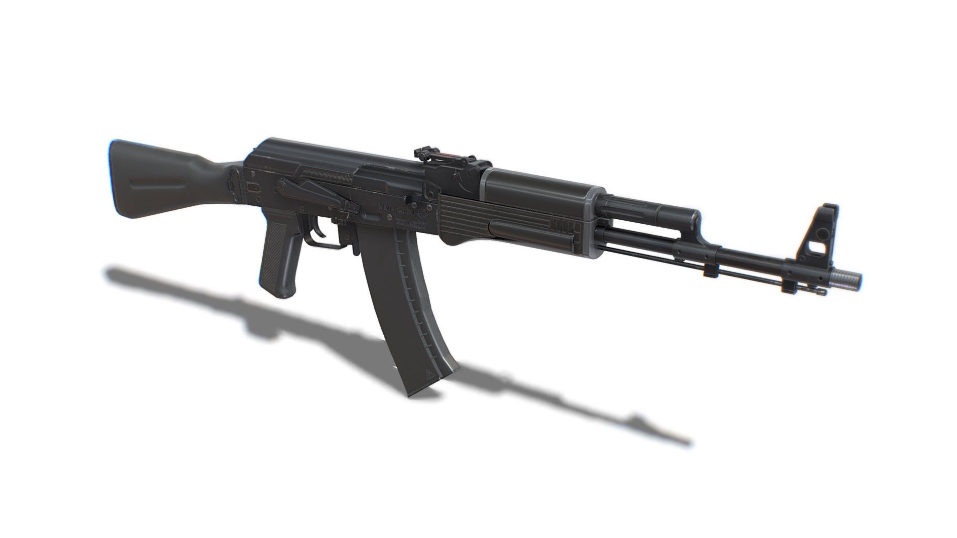 The model looks like an Assault Rifle АК-74М. All parts of the model were made in full accordance with the original. Each dynamical part is separated and has correct pivot points, that allow easy animation and use in games. 

Advanced information:
- single material for whole mesh;
- set of 4K PBR textures;
- set of 4K Unreal PBR textures;
- set of 4K Unity PBR textures;
- set of 4K CryEngine PBR textures;
- FBX, DAE, ABC, OBJ and X3D file formats;
- 4 level of details;

Mesh details:
LOD0 - 5700
LOD1 - 2849
LOD2 - 1424
LOD3 - 299