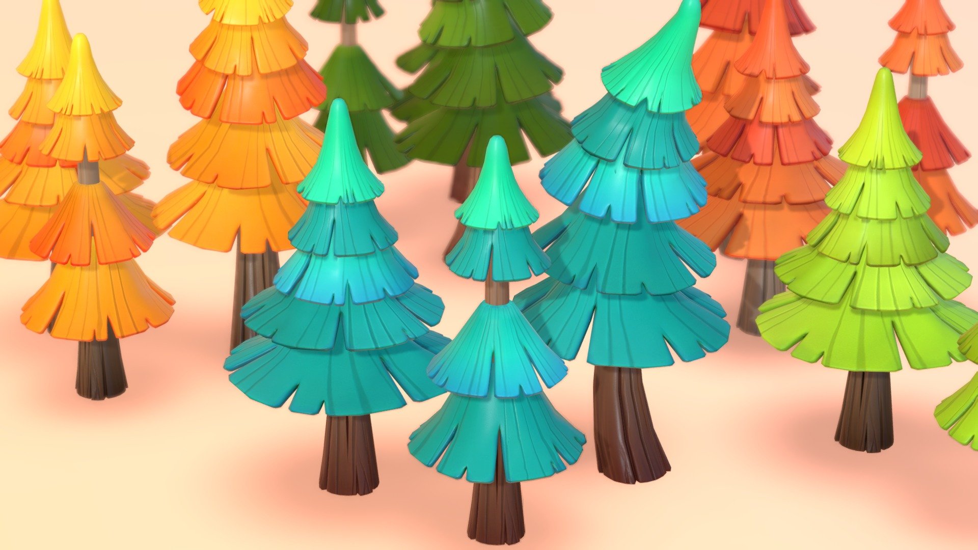 stylized  pine trees.

Bring the beauty of nature to your next project with this stylized colorful Trees Pack!
A pack of 15 cute stylized and toony Pine Tree models with PBR material. 
Also works unlit

There are more assets  to add to your game scene or environment. Check out my sale.
If you need more assets in this style. contact me.

**I also accept freelance jobs. Do not hesitate to write me. **

*-------------Terms of Use--------------

Commercial use of the assets  provided is permitted but cannot be included in an asset pack or sold at any sort of asset/resource marketplace.*