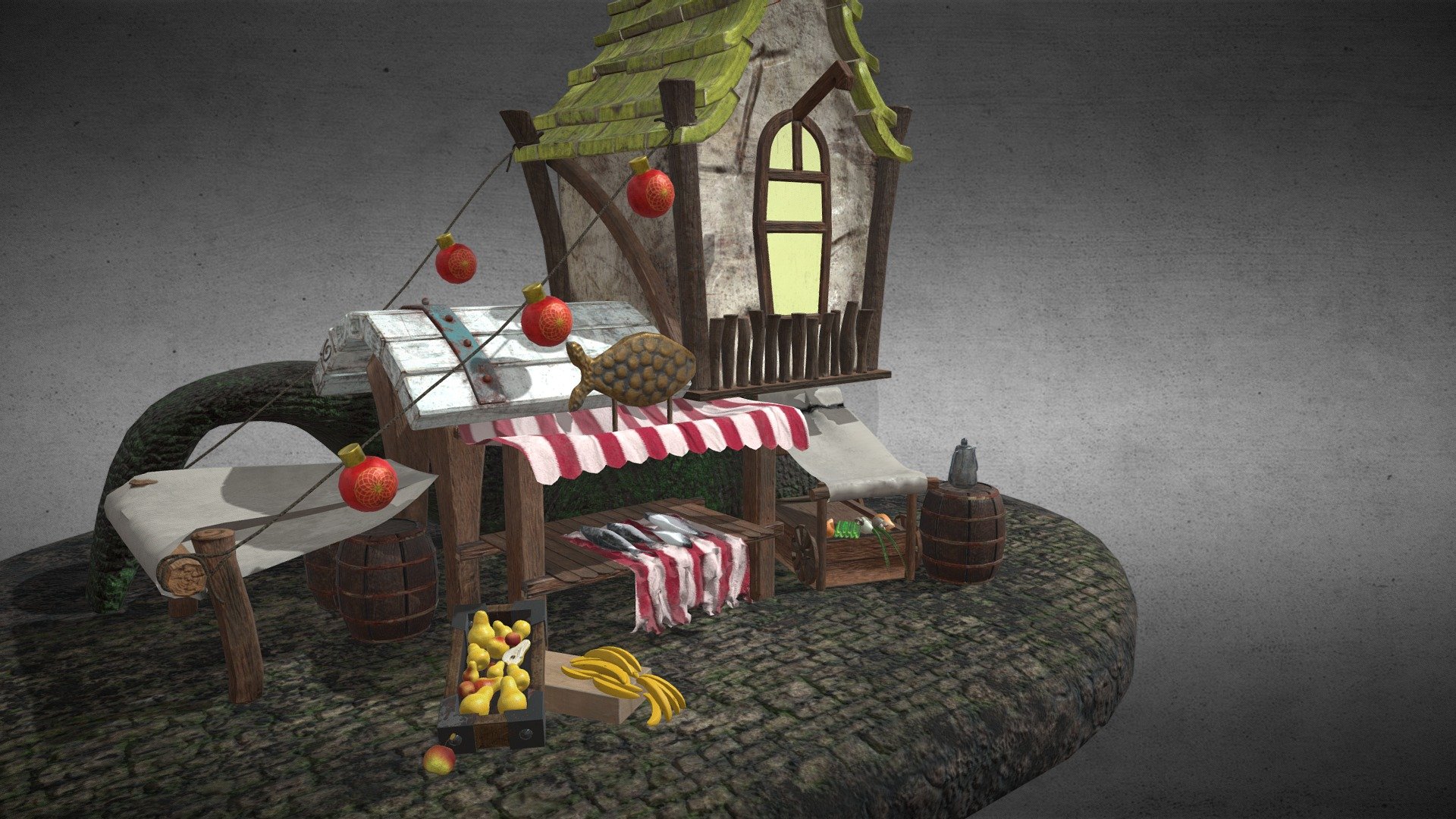 Low-poly model of a fish shop house. Set of 2k textures includes: Albedo, Metallic, Roughness, Normal Map. Painted with a substance painter.