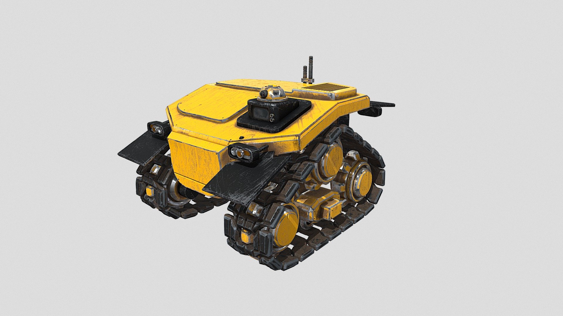A 3D low poly model of Unmanned Tracked Vehicle. It is a base model with some upgrade addon installment  possibilities (Bolted panels on top covering places which can be utilied for installing a robot arm or loader/ skidder). It also features a window with two camera sensors inside and a 360 turnable camera on top. Also, there is a combined radion module installed at the back. Tracks are ment to be rigged, some updates will bring the full rig to the world :) 
Hope You like my model. Some stats: 
18600 Verts and 38200 Tris