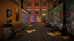 Street Exterior Dead End bench, exterior, garage, way, hallway, garbage, corridor, poster, downloadable, deadend, lowpoly, house, free, building, street, interior, wall, aspal