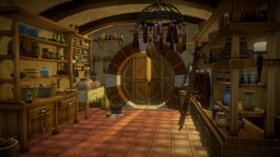 Bilbo's Bag End Pantry bucket, fanart, medieval, pottery, props, hobbit, broom, low-poly-game-assets, stylized-environment, medievalfantasyscene, lowpoly, hand-painted, stylized, fantasy, interior