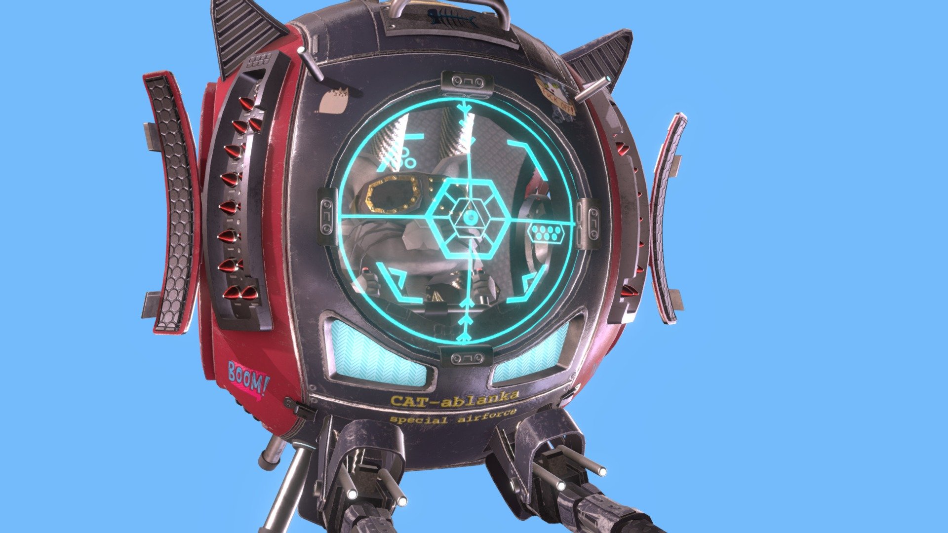 This baby cat is ready to break into any military batch. Let his fur is soft, but his heart is hard as a stone. His armor is strong, and plasma guns are not only tuned to the delicate roast of the fish.
The game model is completely ready for introduction into the engine. In order to preserve the quality of textures, the model has 10 materials. If someone needs 4k textures and a high-poly model, please write to me freely.

Render_1
Render_2
Render_3