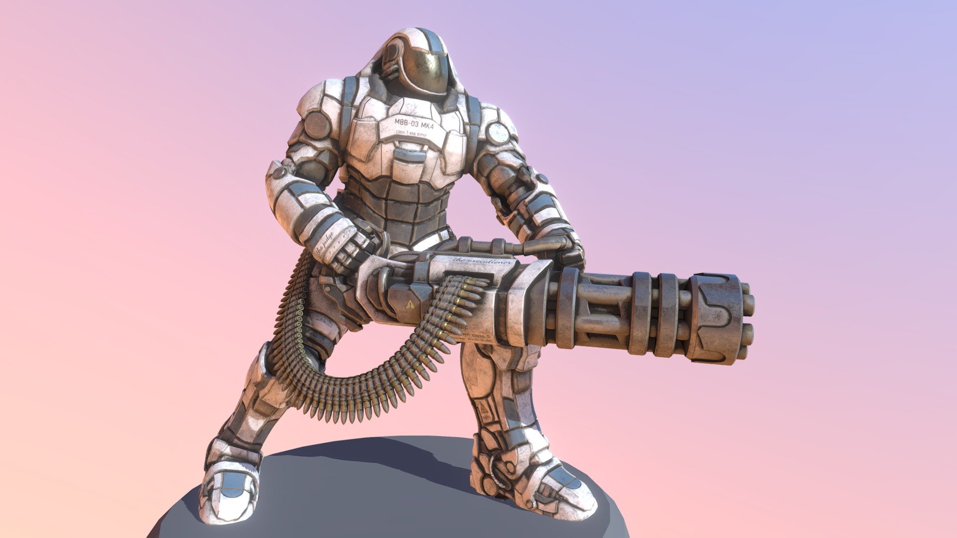 Modelled with blender and textured with substance painter.\nBeen working on this project for over two weeks now, started off in the train where i made the minigun parts and then decided to make a suit to carry it. i used concepts from random sources but mainly W.40k for the hands.\ni still have other cool ideas for this suit so i might make another version of it soon with different weapons and poses :p\n\nposted it on artstation too: https://www.artstation.com/artwork/oOoGzz