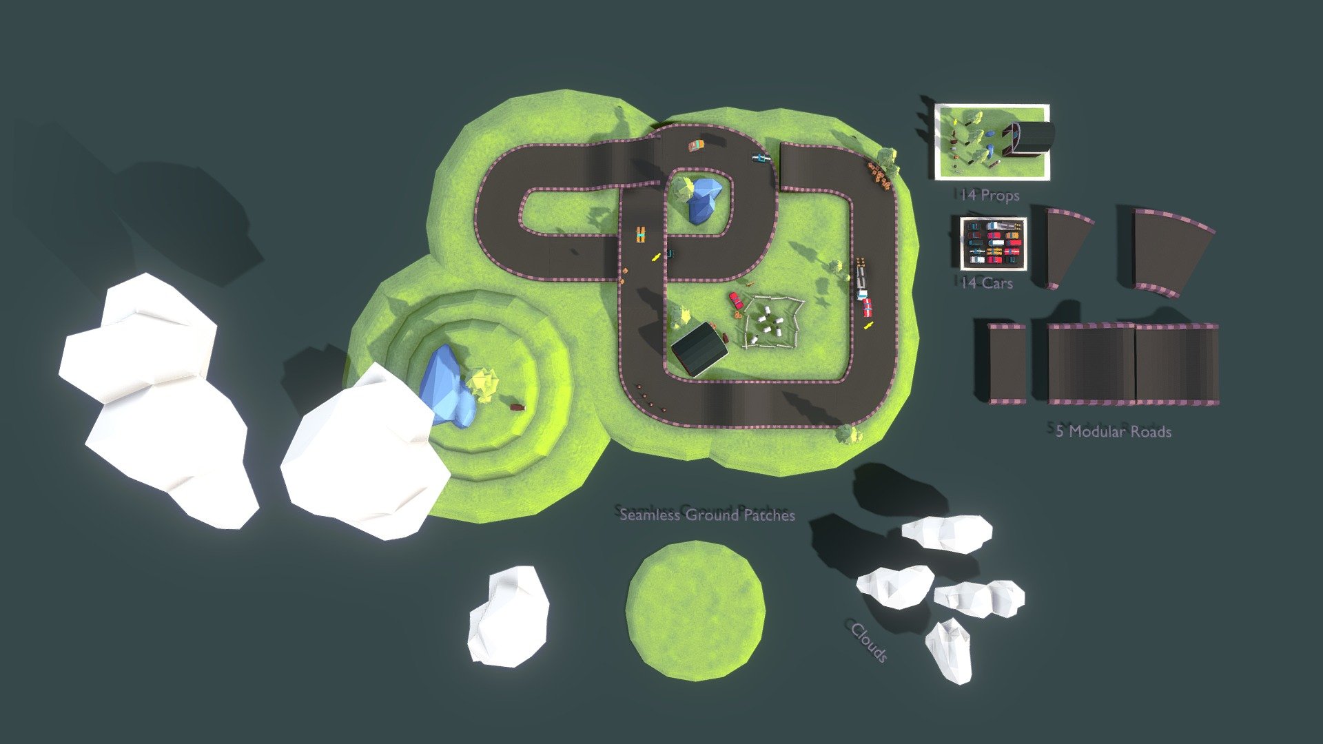 This is a complete car racing game assetpack tested in Unity. The assets are made so you could drag and drop it into your project. We have also included a Blender file so you can modify the objects or materials as you please. 

This pack includes:
- Cars.
- animals.
- environments.
- track.
- props.

With this you can build a complete mobile game. Good luck!

If you liked this product, please check out the rest of our free products. https://sketchfab.com/thesharks333
