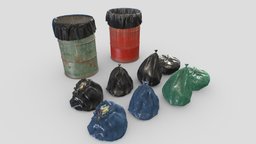 Drum trash can and trash bags recycling, urban, dumpster, trash, can, garbage, dustbin, waste, trashcan, recycle, bin, wastebin, container, plastic