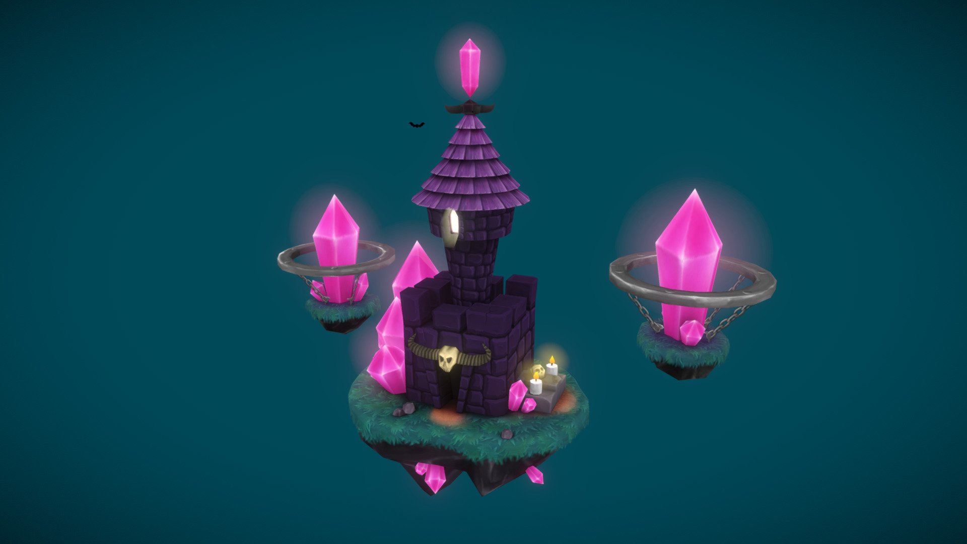 A crystal-powered floating castle. There be demons inside. Pink demons.
I was aiming for a Warcraft look (as in Frozen Throne, not necessarily WoW) with limited resolution hand painted textures.

Glow FX were originally done as billboard planes, flickering was achieved by randomly rescaling them; the little bat and moving candle flames were animated by shifting UV - as these techniques are currently unavailable on Sketchfab I edited them out and left a static model with no billboard tracking. As a countermeasure, to make it look better when rotated, I added a tiny tad of postprocessed bloom.