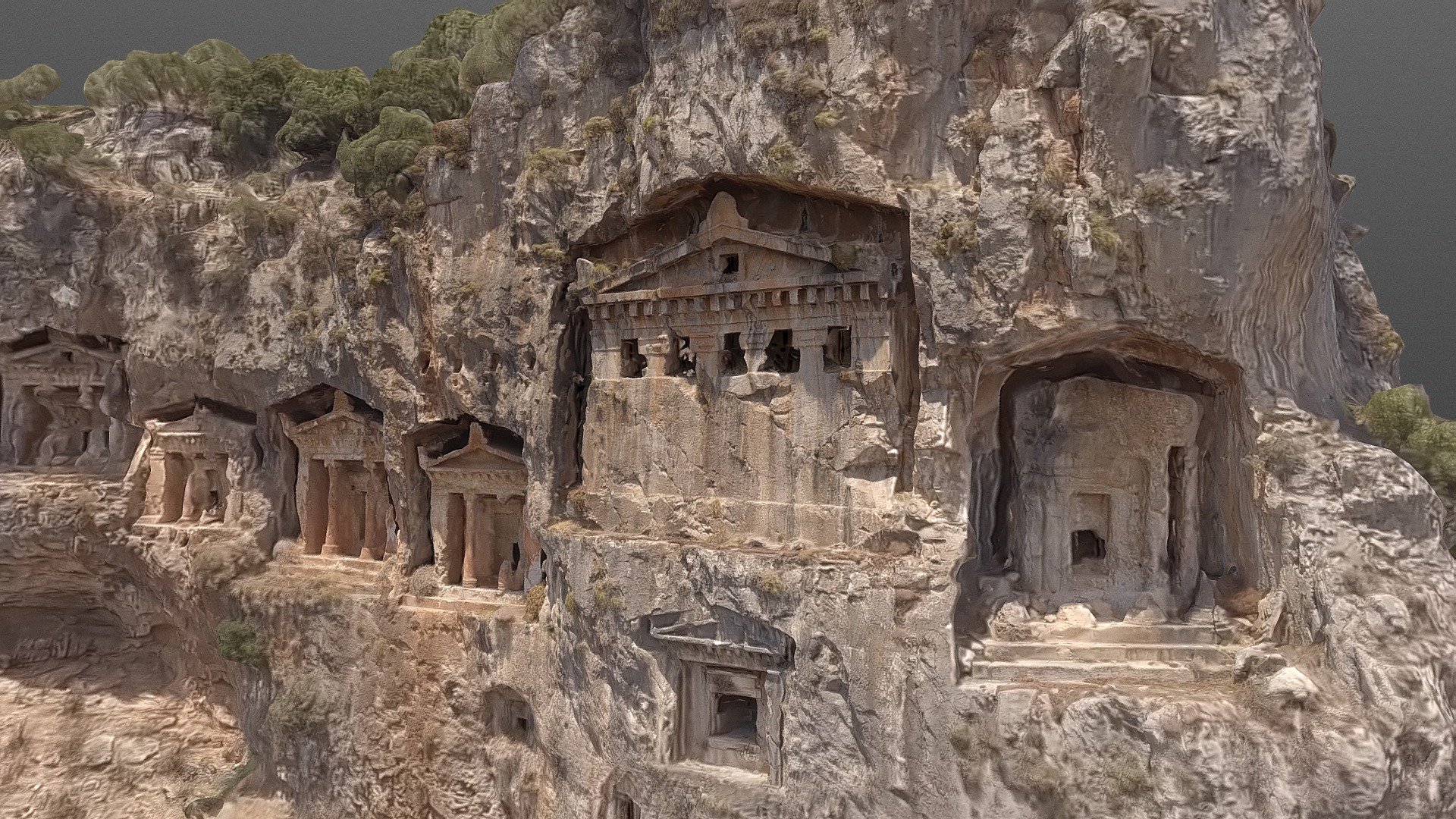 The ancient Lycians are among the most enigmatic people of antiquity because little historical record has been left behind them. But what has been discovered reveals a fascinating people culturally distinct from the rest of the ancient world at the time. Around twenty major sites remain today with the Lycians' unusual funerary architecture, including incredible rock-cut tombs carved into cliff faces dominating the breathtaking unspoiled land of Lycia. Dalyan, Turkey
https://www.ancient-origins.net/ancient-places-asia/ancient-lycians-and-their-spectacular-rock-cut-tombs-001756

Experimental, reconstructed from various 4K drone footage only
