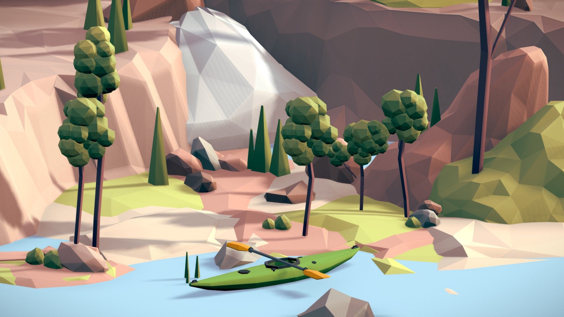 A low poly kayak placed in a nature landscape.  Trees, rivers, rocks, hills, and more objects found in this scene!    Buy the low poly kayak asset here!