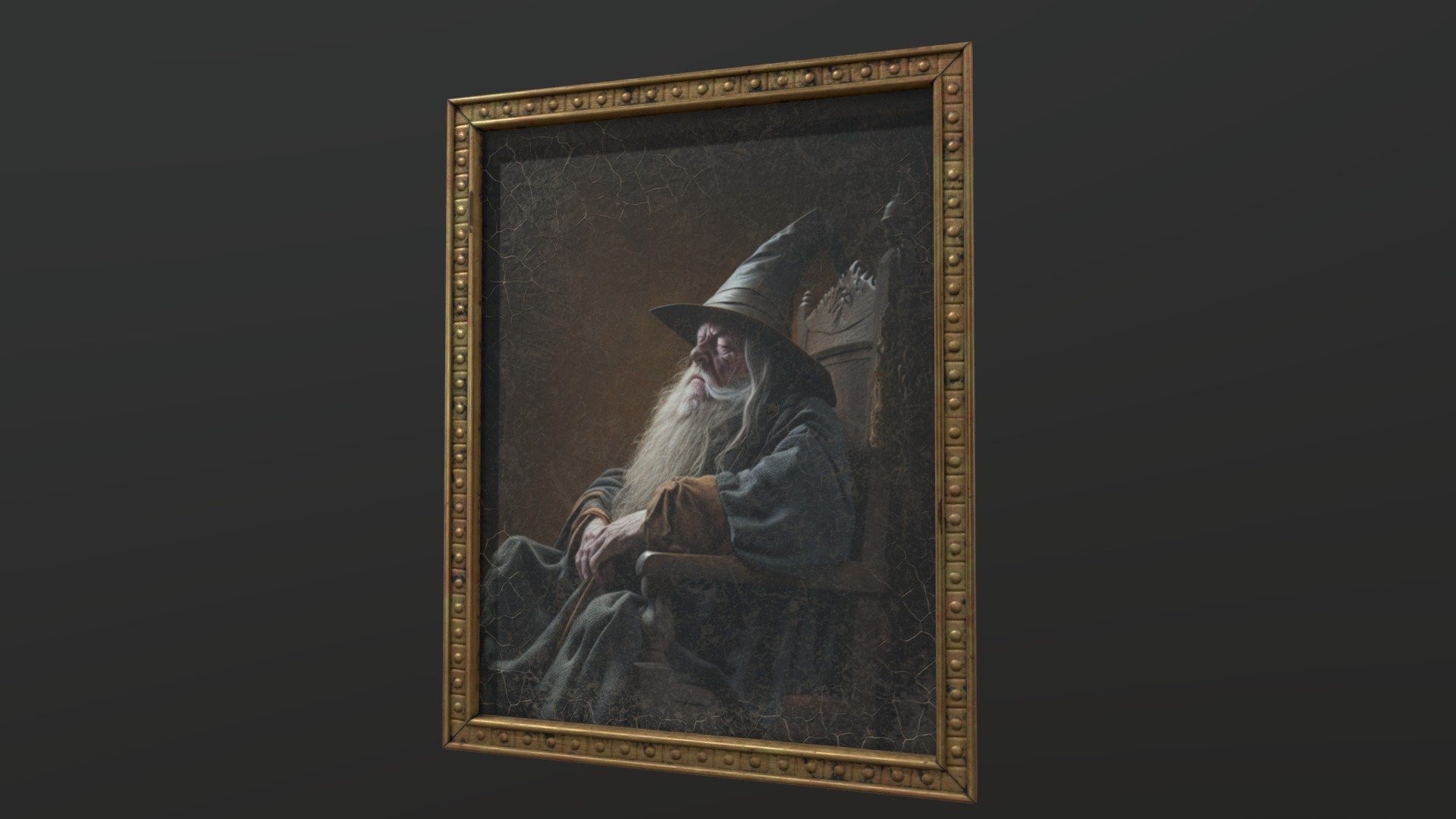 An old oil painting portrait of a wizard sleeping sitting on a chair.

4K maps: Base Color, Normal (DirectX and OpenGL), Roughness, Metallic and Ambient Occlusion.

Formats: .fbx and .obj

The original illustration also included (without any of the weathering effects I applied in the texturing process).
