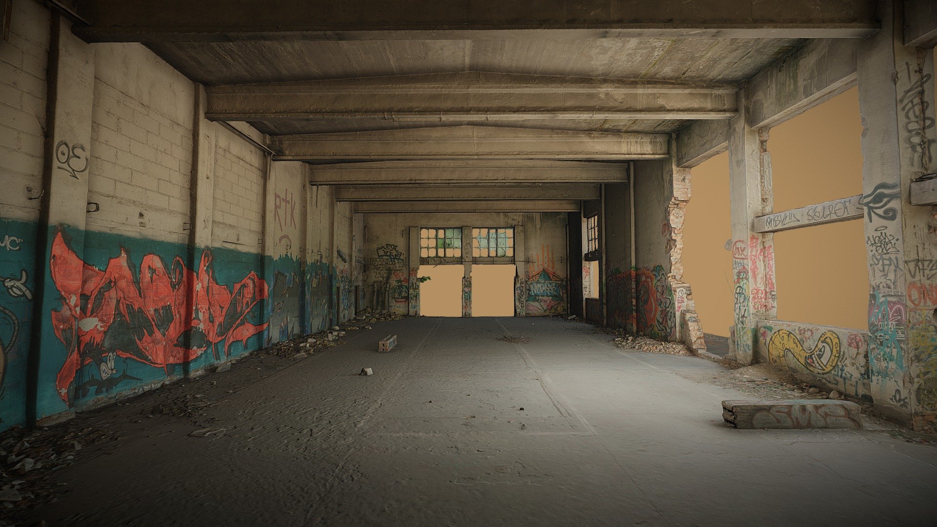 Large abandoned hall with graffiti and devastated skatepark.\n\nModel 3D created in RC from 1828 images (sony a6000)\n\nDownload version:\n\n\n\n\n\nFBX Triangles: 1 mln Textures: 6x8192x8192 u1v1 jpg + normal\n\n\n\n\nFBX Triangles: 10 mln Textures: 4x16384x16384 u1v1 jpg + normal\n\n\n\nIf you need re-exporting or are interested in source images, please email me.\n\nIf you like my work leave a like or comment and follow me for more! Thanks :)\n\n\n\n\n\n\n\n\n\n\n\n\n\n