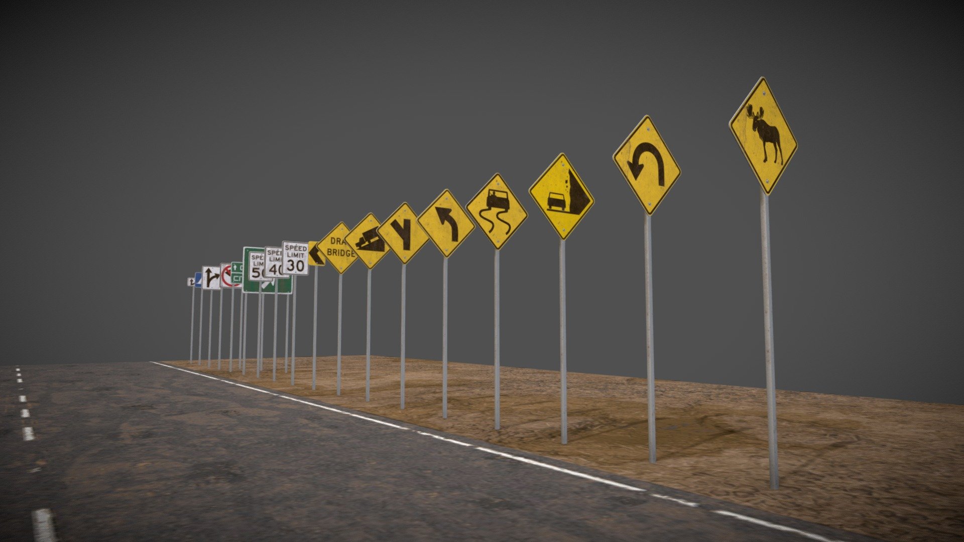 The model is made for a real game project on UE4.

All signs contain a reflective layer and, under the influence of directional light, acts as a reflector.

The number of of vertices per sign - 900, tris- 1750.

The sign consists of 1 materials with 2k texture resolution.

Made in Blender 2.92 and Substance Painter in FBX format.
