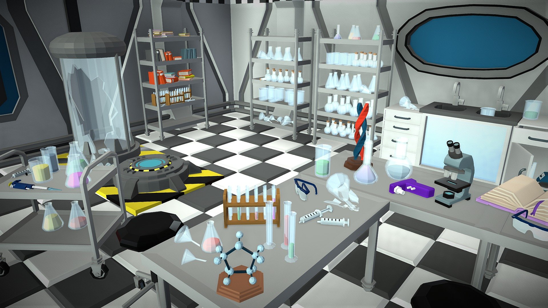 All models &amp; demo scenes are part of the Ultimate Low Poly Nature Pack.

A Low Poly Laboratory with 184 unique assets to build your own versatile laboratory!

All models are displayed in a list scene &amp; in 2 different demo scenes.

–Texture–

All objects share the same 256x256 texture to increase performance

–Package Content–




Floors (5x) – Tiles, Danger Zone

Lab Walls (32x) – old, Sci-Fi

Books &amp; Shelves (40x) 

Tables, Shelves, Carts, Cabinets, Stool (10x)

Kettle, Oven, Lamp (3x)

Teleporter, Capsules (6x)

Lab glassware (47x) – Tubes, Beaker, Erlenmeyer Flasks, Flasks, Funnels

Electronic Labware (6x) – Microscope, Scale, Shaker, Bunsen Burner, etc

Lab Props (12x) – Pipette, Pipette Stand, Goggles, Tripod, Syringes
-Statues (2x) – DNA, Molecule

Papyrus Scrolls, Feathers, Inkbottle (9x)

Candles, Candle Stand (6x) 

Scales Old (2x)

Dynamite (4x)

Feedback: purepoly.info@gmail.com

Link to full package:

Ultimate Low Poly Nature Pack