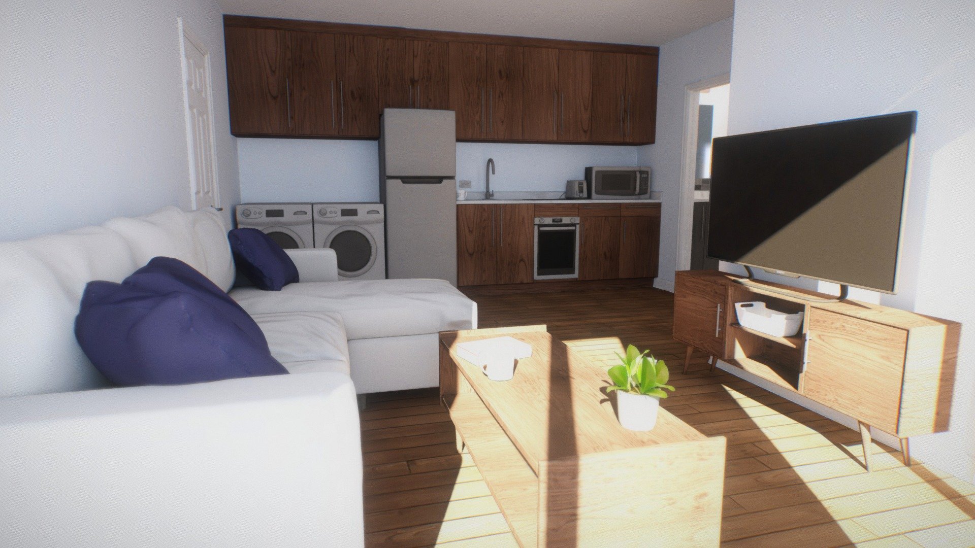 A modern apartment created in one week with Blender 2.9.  Designed for use in VR, all furniture is realistically scaled and appropriately detailed (though some texture data was lost when baking the textures). Baked lighting is diffuse only, based on albedo and normal maps, when available.  All models and textures were created by me.

Note: Additional unbaked Blender project file sporting original UVs/textures is included with the download