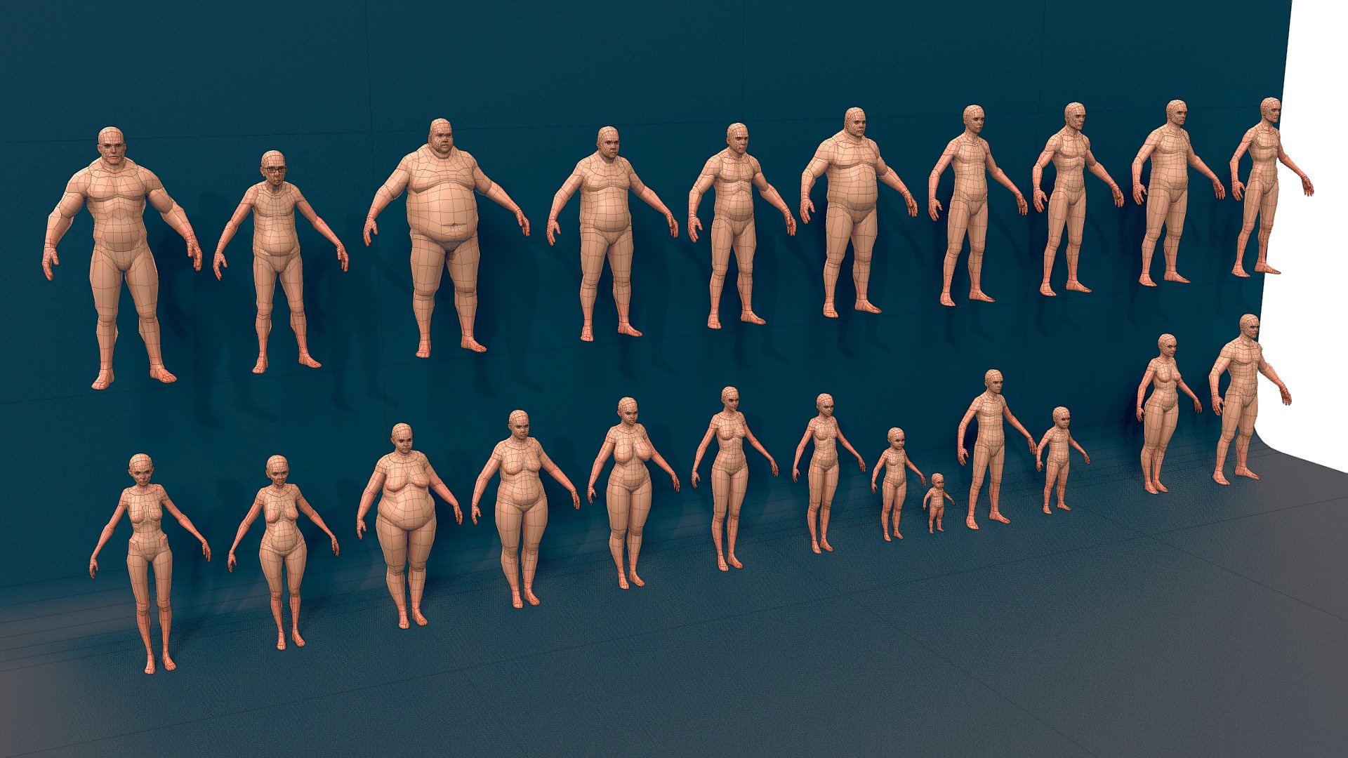 FBX file format

Around 3600polys each,

UV mapped (no overlaps),

Clean quad topology. Game ready or great base for highres sculpting

DISCLAIMER
Please be aware that the meshes don't share 100% the same topology and can't be used as morph targets or blend shapes.
I initially tried it but symmetry modifiers and exports to different file formats messed up the vertex ID's. 
On the plus side,&hellip; Meshes now have a bit of additional detail where it is needed and all have unique UVs without stretching