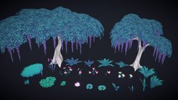 Handpainted Fantasy Trees and Foliage Set tree, green, forest, grass, plants, b3d, purple, flowers, clover, fern, foliage, fbx, glow, magical, lily, blender-3d, enchanted, weeping, glowing, violet, weeds, mobilegames, lilypad, cattail, clovers, mobile-ready, glow-in-the-dark, handpainted, low-poly, game, blender, lowpoly, blender3d, gameart, hand-painted, mobile, gameasset, blue, fantasy, handpainted-lowpoly, gameready, weepingwillow