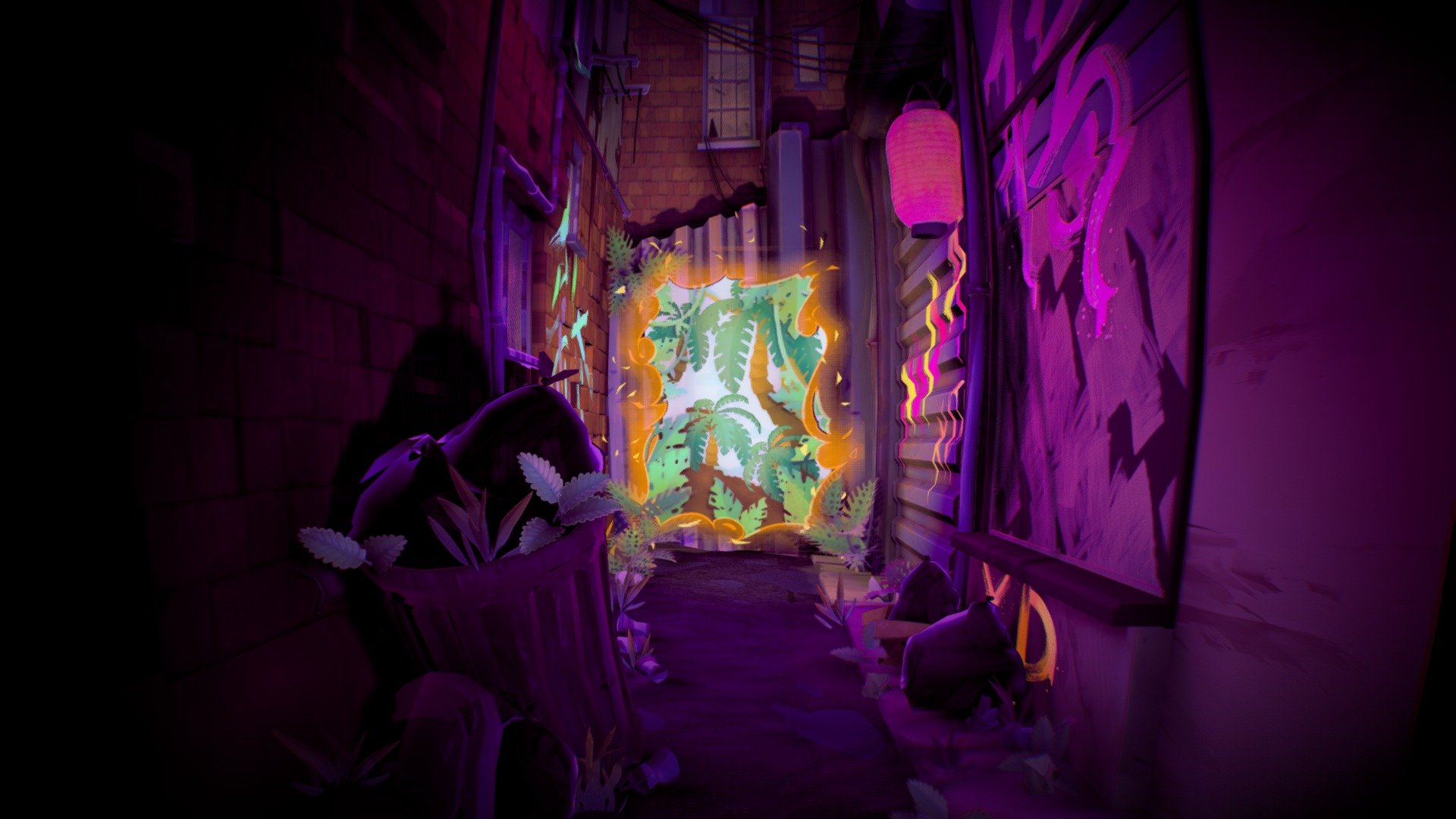Artstation post: https://www.artstation.com/artwork/PXOXw3

During weeks 5-9 of the CGMA Stylized Game Assets course, I worked on a project with Ashleigh Warner's guidance. The project involved creating an environment scene from scratch, with a focus on designing textures and props. My chosen concept bridged two genres that I enjoy, cyberpunk and fantasy, with a dingy back alley in a cyberpunk metropolis leading to a portal to a fantasy world full of lush vegetation.