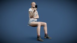 Woman sitting using cellphone - 3D photo scan hair, archviz, happy, people, photorealistic, young, smartphone, sit, jeans, phone, realistic, woman, smile, casual, cellphone, using, braid, caucasian, character, photogrammetry, cool, scan, female