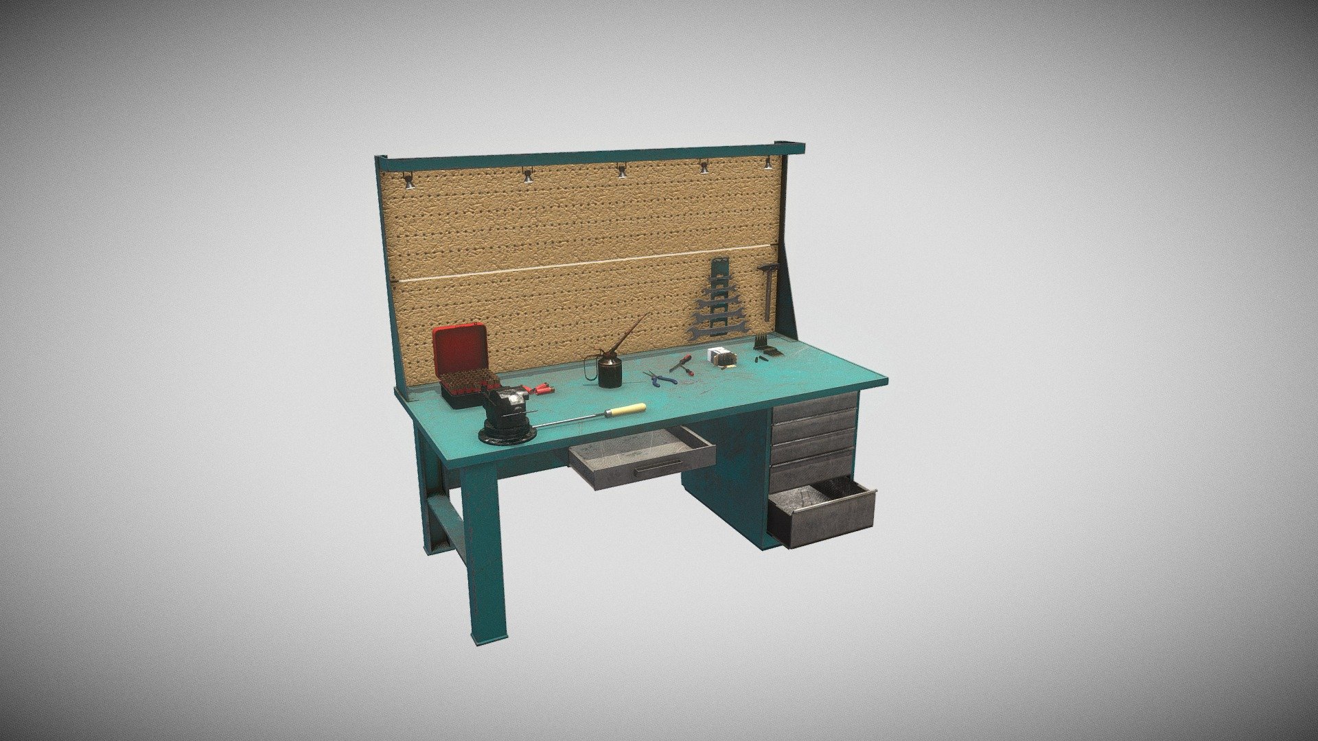 This is the Weapon workbench with tools 3d model, originally created in Blender. 

The tool kit includes:
1. Ammo box
2. Hammer
3. Wrench with stand
4. Oil container
5. Screwdriver
6. Pliers
7. Vice
8. Metal file
9. Packing for ammo, pistol ammo
10. Shotgun ammunition
11. Ammunition 7.62 with clip

Full PBR texture maps at 4K resolution:
   -Base color
   -Ambient Occlusion
   -Roughness
   -Metalness
   -Normal
   -Height
   -Emissive