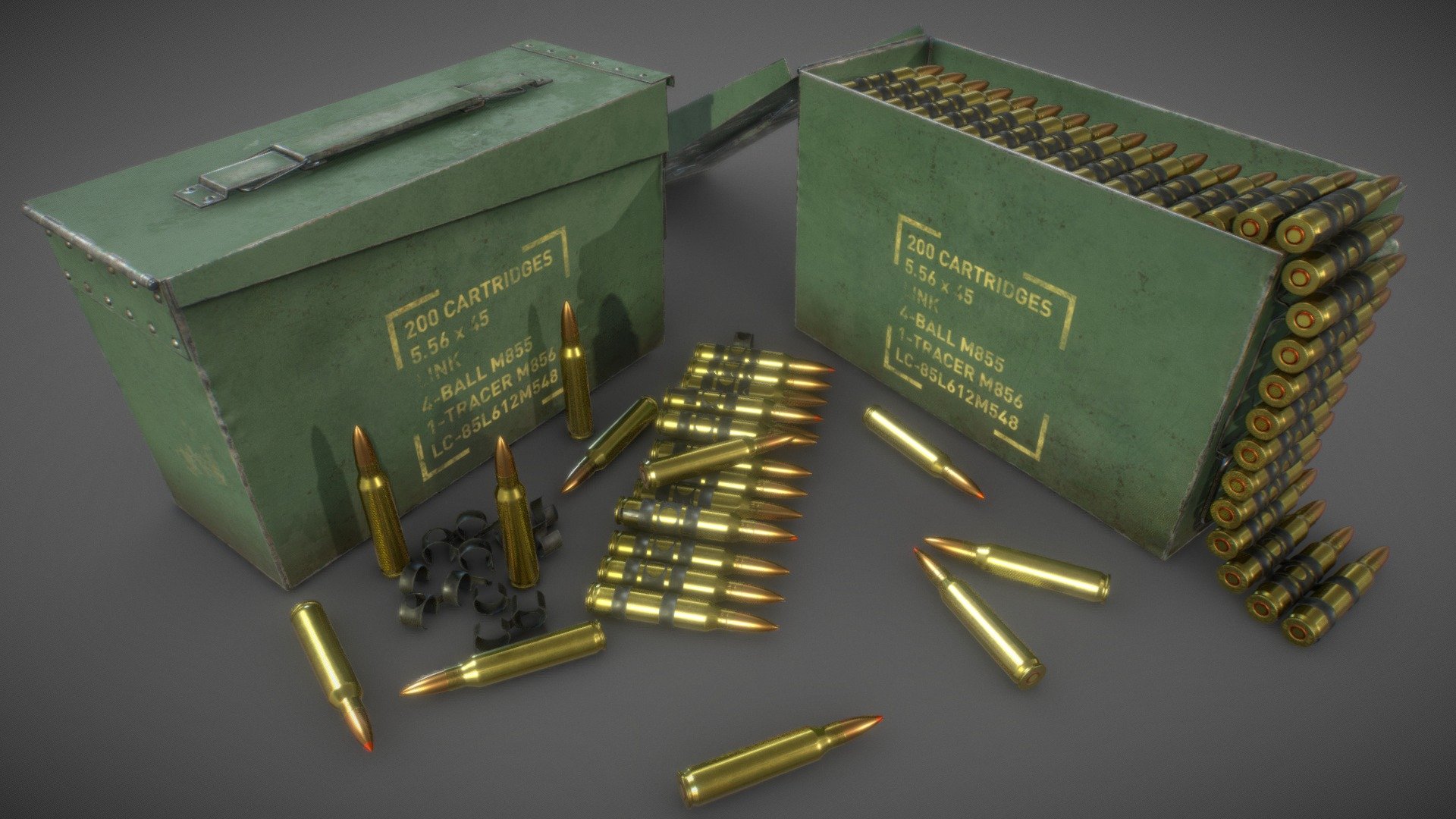 Game Art Asset. Ammunition box containing 5.56 rifle rounds ( ball &amp; tracer) linked in belt and loose.
Pack includes 2048x2048 (everythig) &amp; 1024x1024 (belt link) textures