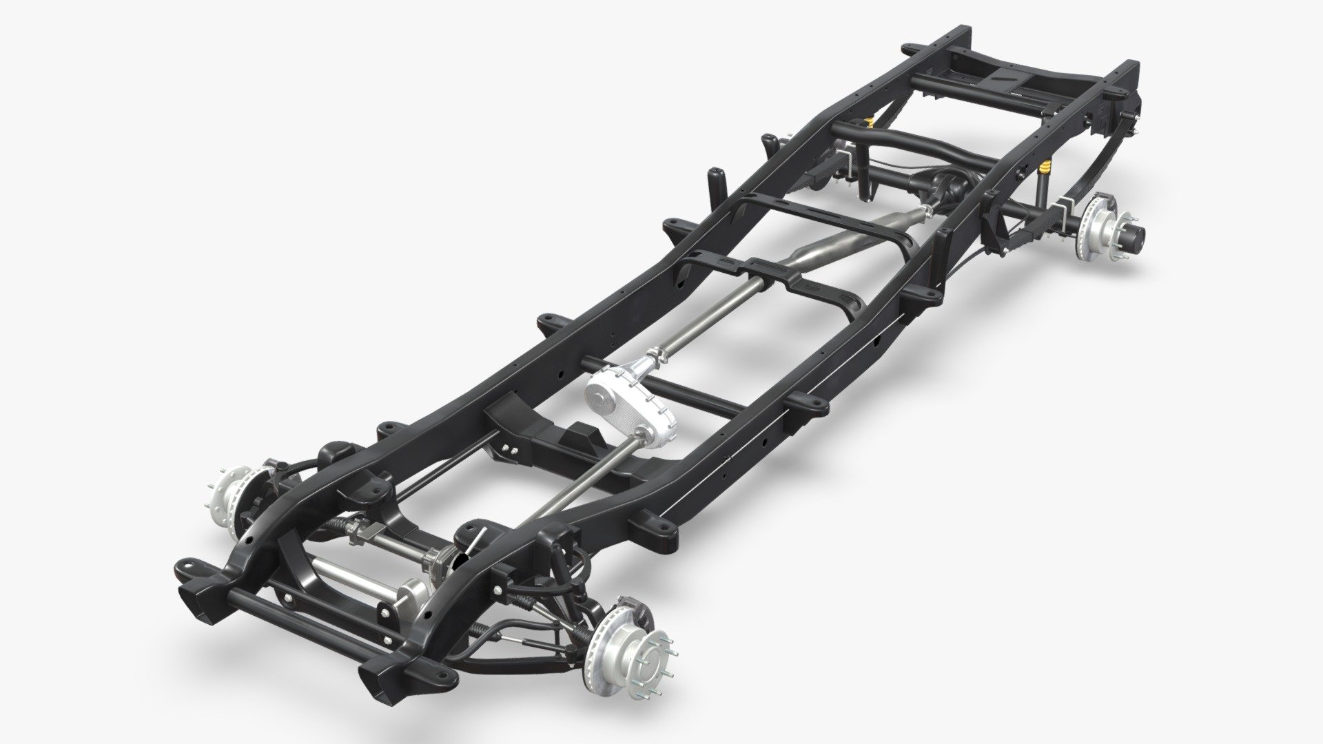 The Sketchfab marketplace has moved to FAB.com, go to NN 3D store page to get acces to all the models from this catajog.

3D model of a modern 4wd chassis for a crew cab long bed dually pickup truck with independent front suspension.

The chassis has been extensively detailed for close range shots.

The model was created with 3DS Max 2016 using the open subdivision modifier which has been left in the stack to adjust the level of detail.

There are also included HI and LO poly versions in Blender 2.9 format with textures.

Exchange files included: FBX, OBJ and 3DS, all with HI and LO subdivision versions.

The model has 49.000 polygons with subdivision level at 0 and 196.000 at level 1.

Render V Ray and Cycles.

MATERIALS AND TEXTURES:

The model is fully textured and UV mapped with diffuse, bump, roughness and specular maps.

All materials and textures are included and mapped in all files might have to be adjusted depending on the software you are using.