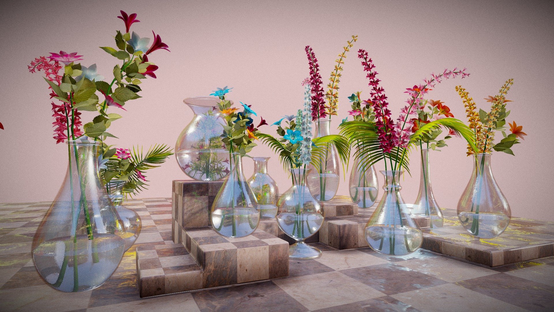 Glass Flower Vase
All the files and textures included in the additional files.






Asset Pack Description:-



9 Types of Vase with water Mesh

8 types of Flower mesh with color variations(Use Color texture variation in material Id)

All Vase Mesh use one Texture set and water mesh use another one

fbx file included






Additional Files Structure



Export Folder contain all the fbx model

Texture folder contain all the Textures

Vase with Flower Blend File






Texture Types Included:-



Vase Base Color,Normal,Roughness,Opacity,Metallic

Water Base Color,Normal,Roughness,Opacity,Metallic

Wet Floor Base Color,Roughness,Normal

Stem Basecolor,Normal,ROughness

Palm Leaves BaseColor,Normal,Roughness,Opacity

Flower BaseColor,Normal,Roughness(Color Variation Included)




Thank You!
Contact me: nk.vmc.s@gmail.com