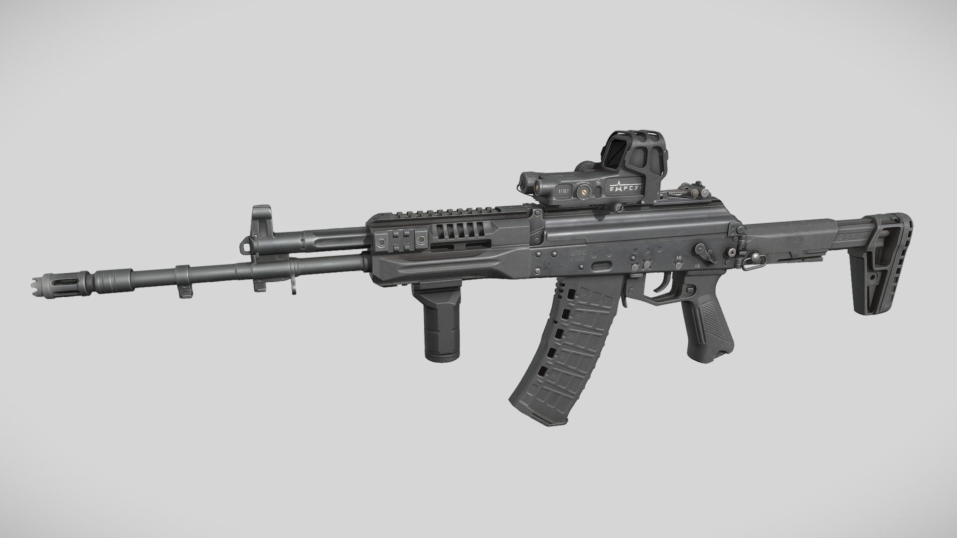 Assault rifle created for an Arma Reforger mod. It's based on the AK-12's 2020 upgrade, and the AK-12M1 with some minor fictionalizations here and there to fit my futuristic setting.\n\nБАРСУК logo made by Grave.