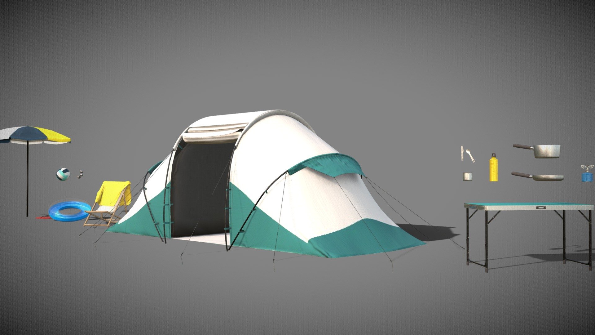 Medium poly made with blender
texture substance
Set of camping with : 
tent
umbrellas
thong
volleyball
bowling
ball
deskchair
towel
table
bar stool
fork
knife
cup
gourd
camping stove
water wings
pan