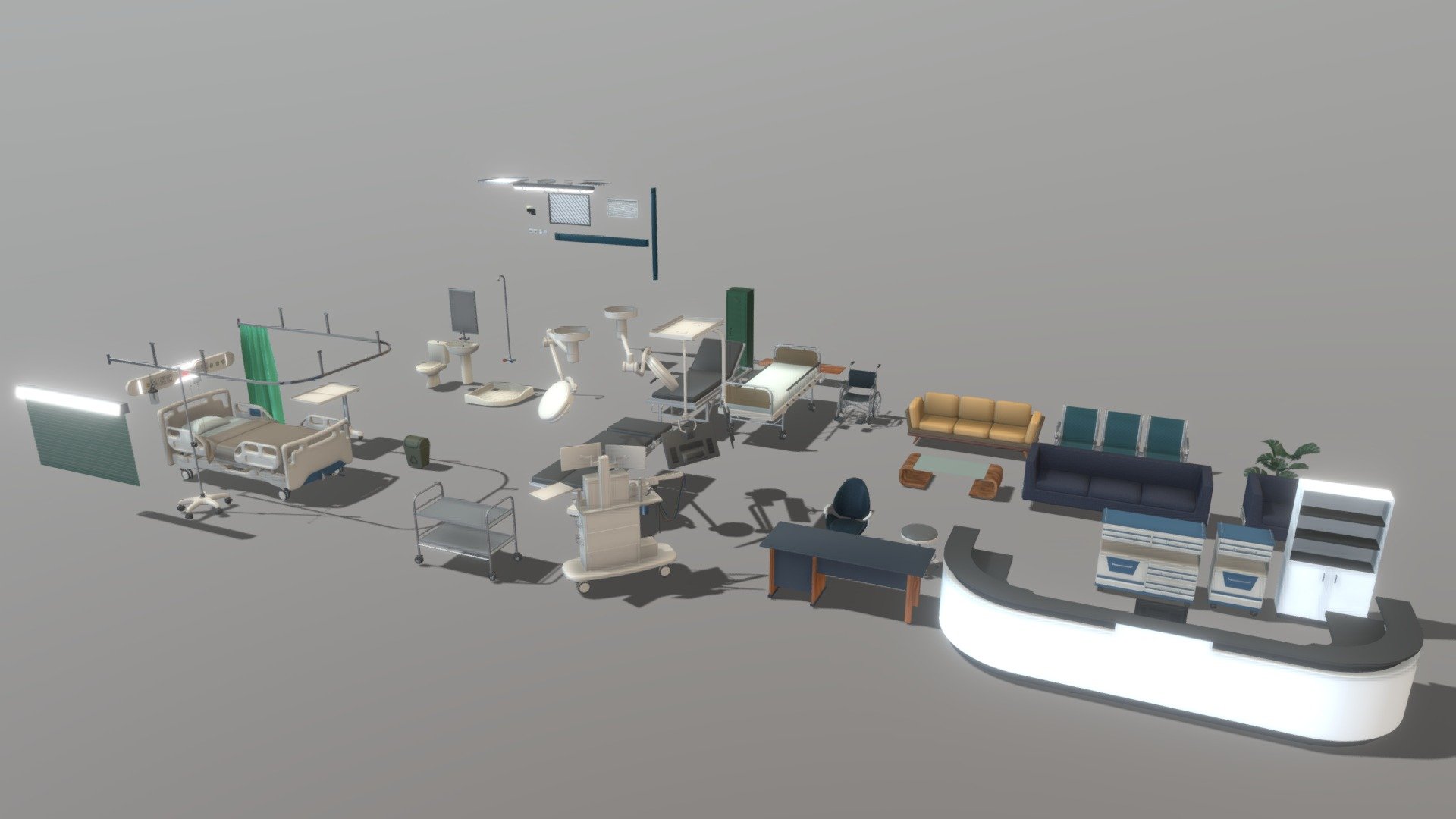 hospital furnitures Collection

contains over 35 objects : 




examining room, operating room, reception counter, office desk, 3 bed types, bathrooms, wheelchair, waiting room

60 texture images




some of it (diffuse ,metallic,emission)

files : blender,dea,obj,fbx




the texture images in texture.zip file
