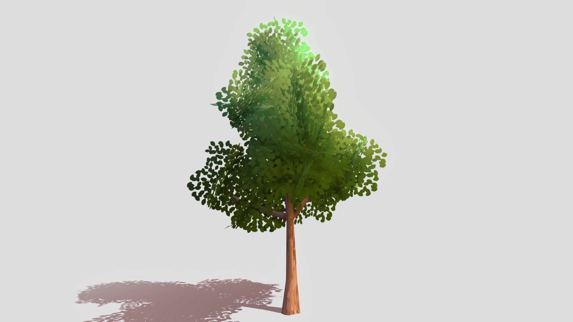 

Define a leaf shape brush, then scatter it with pure color at a disc stribution. Use single-sided material.  Put the pivot at lower half

Create double-sided cross planes for leaf billboard

Creat the trunk

Particle system it on branches. I only used 32 instances. Weight paint where to grow these leaves. Go back to 1 to adjust the scale of the leaves.

Normal edit the leaf normals to a canopy-shaped sphere. Set MaxAngle < 90.

Credit: http://wiki.polycount.com/wiki/Foliage#Vertex_Normals