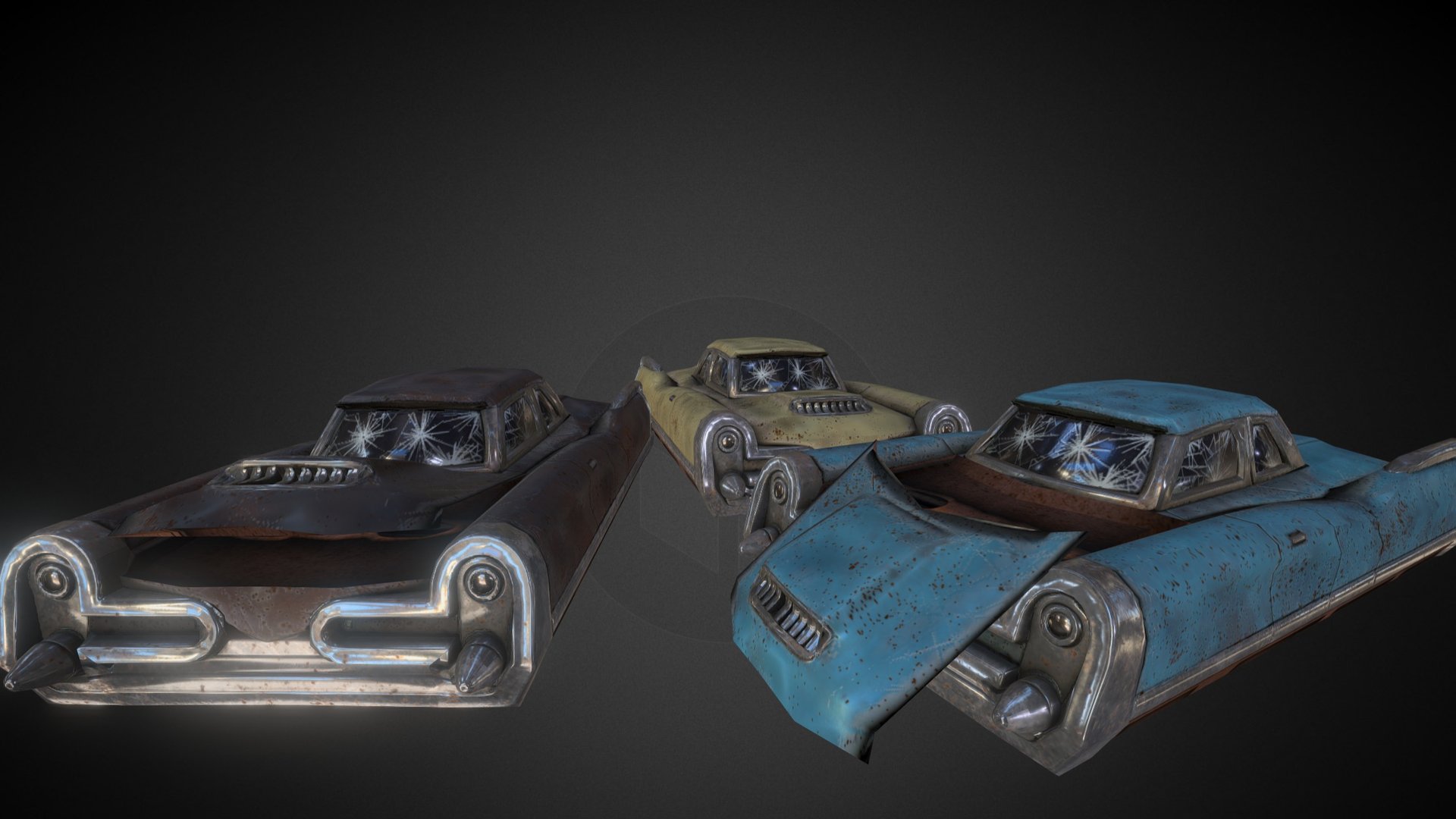 Wrecked cars inspired by Fallout 3's concept art.

2612 Poly

1024^2 PBR Textures

If you use it in a game or mod, let me know, I'd love to see my models in your work ^^

I'm still pretty new to this, so let me know any critiques you may have

UPDATE FEB2017: Do not re-upload, re-sell, or use without giving credit, A DMCA will be filed if you do. That being said, enjoy my models. You are welcome to use them in Indie projects, mods, and artwork, as long as I'm credited properly.