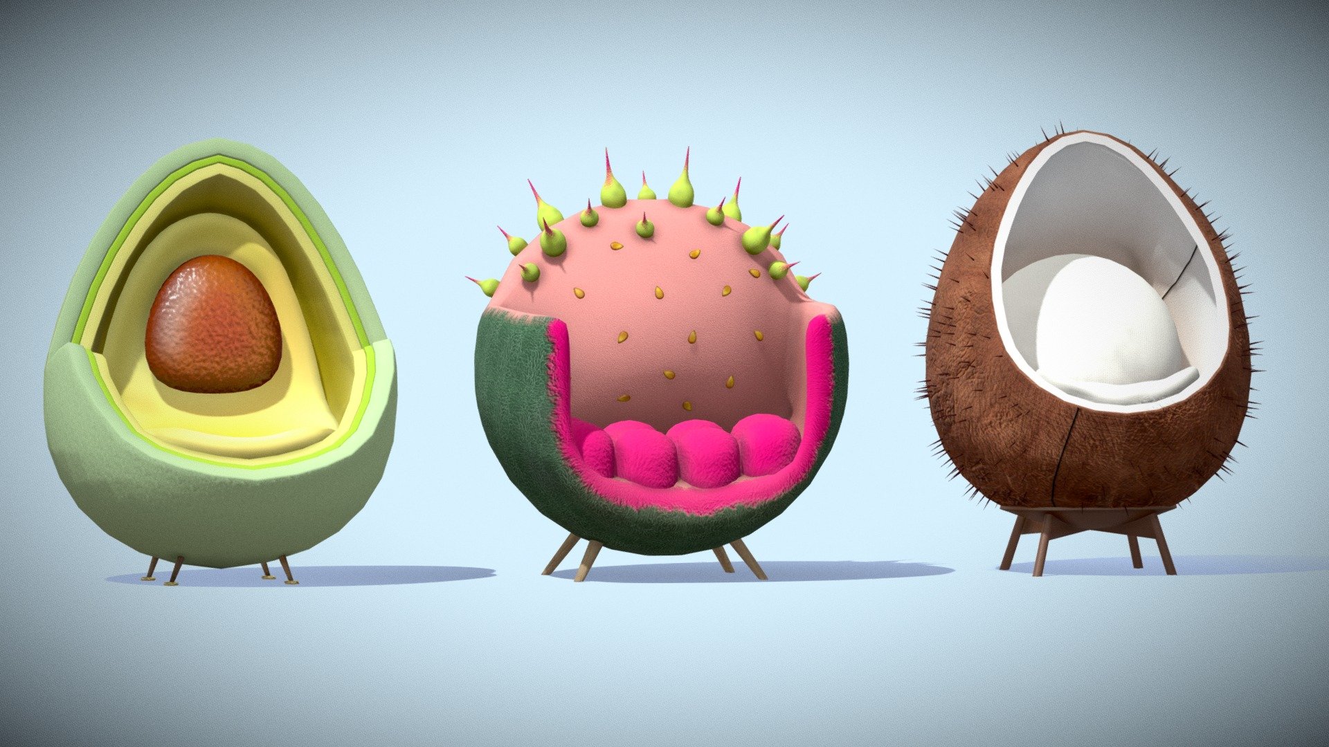 AI-Inspired Armchair Collection: Tropical\nInspired by the ingenious AI-generated designs of  Bonny Carrera , we've transformed ordinary fruits and vegetables into extraordinary pieces of furniture. In this pack, you'll discover Avocado, Passion Fruit, and Coconut armchairs that redefine the boundaries of furniture artistry.
