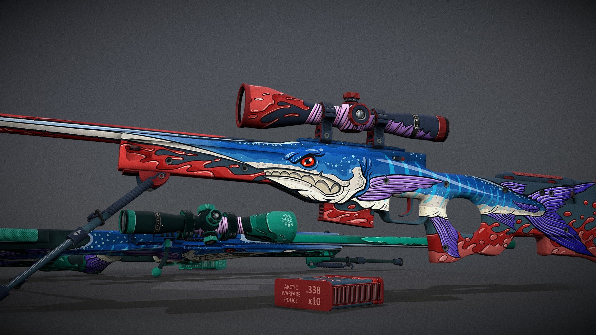 Texturing : models from Counter-Strike: Global Offensive.

Here is The Seas Impaler AWP skin for CS:GO featuring the swordfish.

The swordfish is a very dangerous predator.
Excellent swimmer.
Superior Vision.
He impales its prey in a single and fatal blow.
Do not expose yourself in front of the Seas Impaler.

Artwork made in Adobe Illustrator. Projection made in 3D-Coat. Details and finishing touches in Adobe Photoshop.

The skin on Steam Workshop : http://steamcommunity.com/sharedfiles/filedetails/?id=1142712281

The alternative Perfect World skin on Steam Workshop : http://steamcommunity.com/sharedfiles/filedetails/?id=1150651380

More pictures on Imgur (screenshots, process) : https://imgur.com/a/AOYO0

Thank you for watching and your feedbacks.

MG