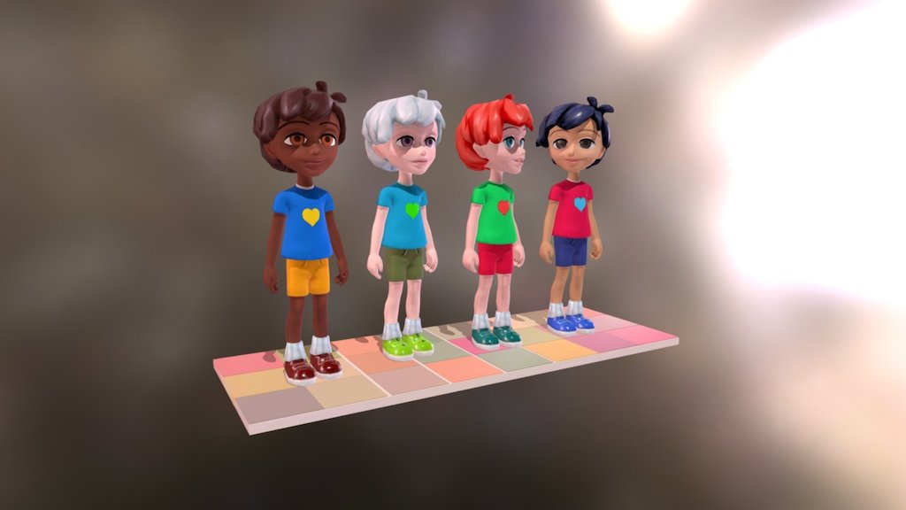 A group of kids chatting and looking around. It's actually a re-mesh, re-texturing and re-rig of an old set of avatars that I made for a virtual world (Serious Gaming).
One single material and uv for the whole scene, mapped on a 2048k set of textures.