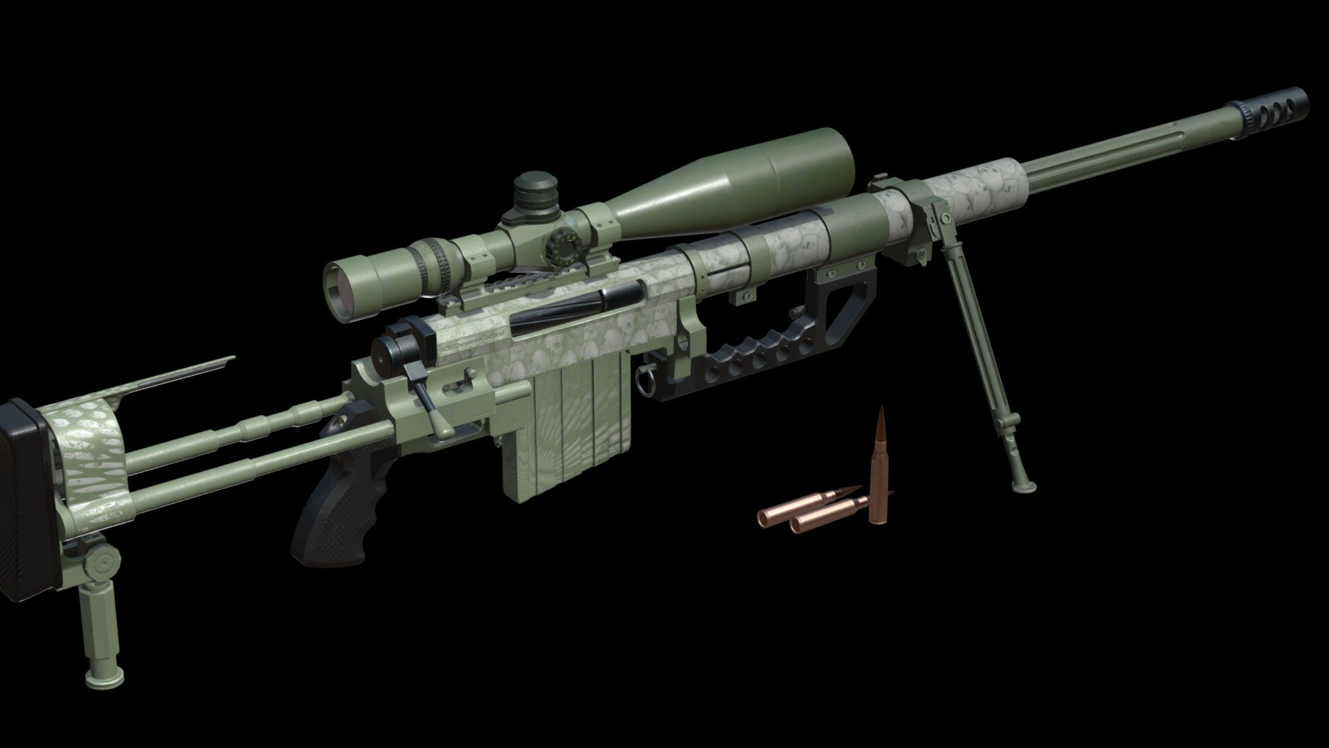 \n\nThe CheyTac Intervention is an American bolt-action sniper rifle manufactured by CheyTac USA\n\nGame Ready realistic model with right proportions\n\n3 packs of textures, camouflage is unique and handmade:\n\nRifle: 4K. Magazine: 2K. Optical: 2K\n\nhttps://www.artstation.com/sannf4\n\nIf you want to use this model, feel free to contact me.\n