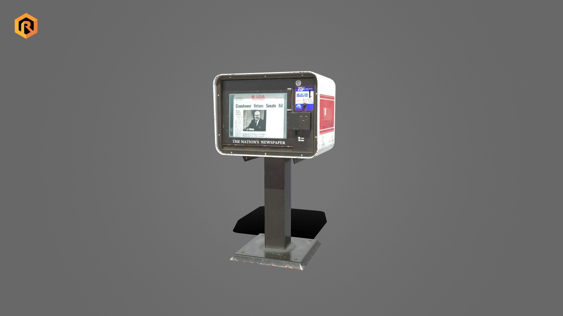 Low-poly PBR 3D model of Newspaper Vending Machine.

Interior part is also modeled and the opening is a separate object so you can animate it.

This object is best for use in games and other VR / AR, real-time applications such as Unity or Unreal Engine.  

Technical details:




2 PBR textures sets  (Main body and glass) 

910 Triangles.

1184 Vertices.

The model is divided into few 2 objects (Main body and doors)

Model completely unwrapped.

Model is fully textured with all materials applied.

Pivot points are correctly placed to suit animation process.

Lot of additional file formats included (Blender, Unity, Maya etc.)

More file formats are available in additional zip file on product page.  

Please feel free to contact me if you have any questions or need support for this asset.