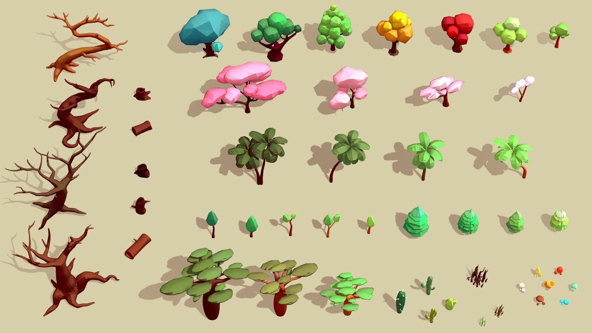 Hello from PolyOne Studio!
This pack is like a forest full of fun, featuring a variety of beautifully crafted, low polygonal trees that are sure to add some serious style to your work. From majestic pines to whimsical other trees, each one has its own unique personality and charm. Designed in a fresh low-poly stylized style.



Features:





Optimal number of polygons is only from 50 to 1k tris

Optimized low-poly assets

4K color textures for the assets are included.

Optimized and clean UV mapping.

Compatible with Unreal Engine, Unity and similar engines.

All assets are included in a separate file as well.

Follow us, new packs coming out, updates, promotions &amp; tutorials:





Official Site: polyonestudio.com




Email: polyone.studio@gmail.com




For support, questions, or custom requests, feel free to contact us anytime. We truly appreciate your feedback and support. Thank you!