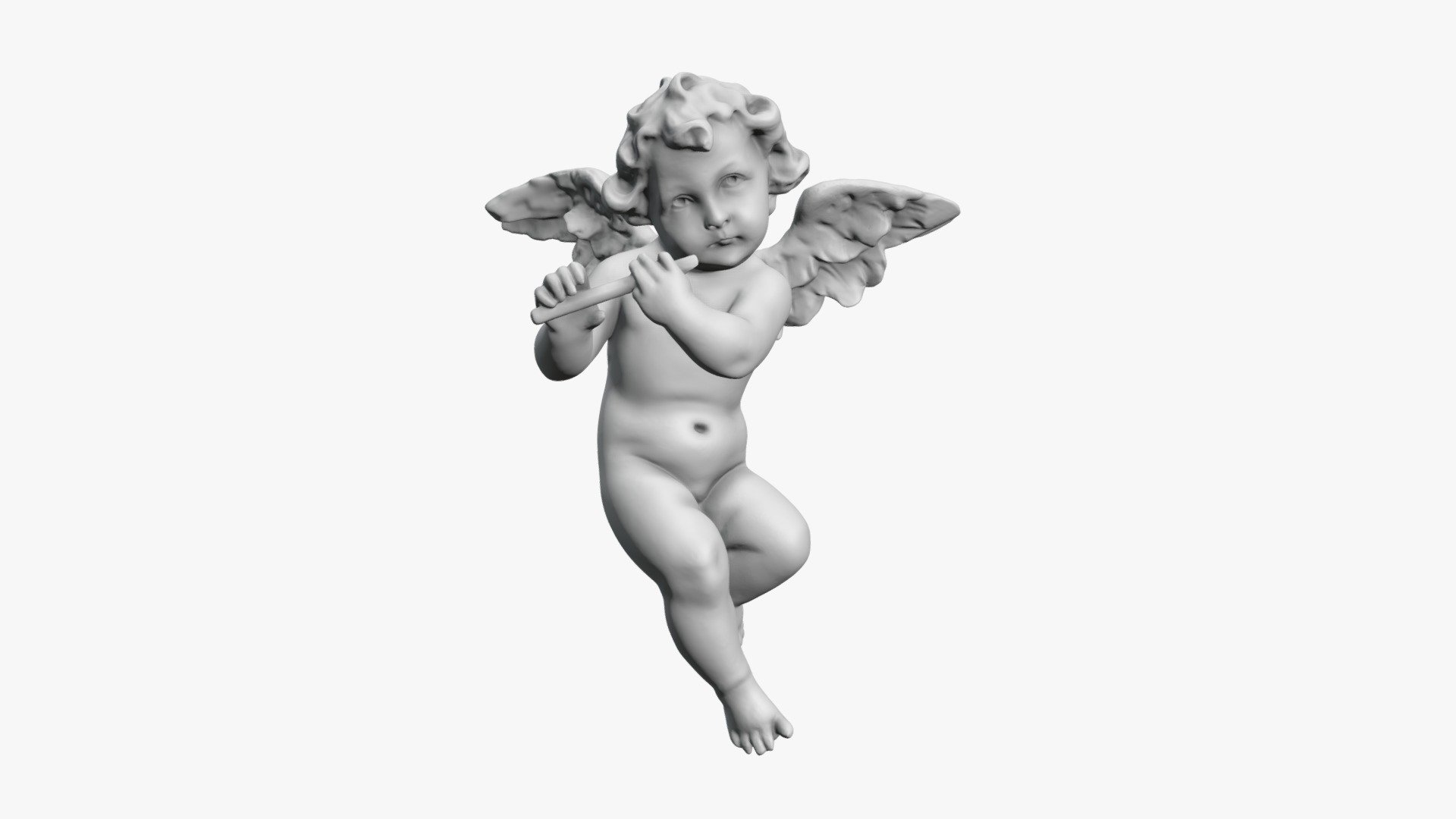 This model depicts an angel who plays the flute and stands in a pose with his legs spread wide apart. The angel is depicted with wings. The angel has soft and flowing facial and body features. The model can be used as a decorative piece for the home or as a gift for music and art lovers.