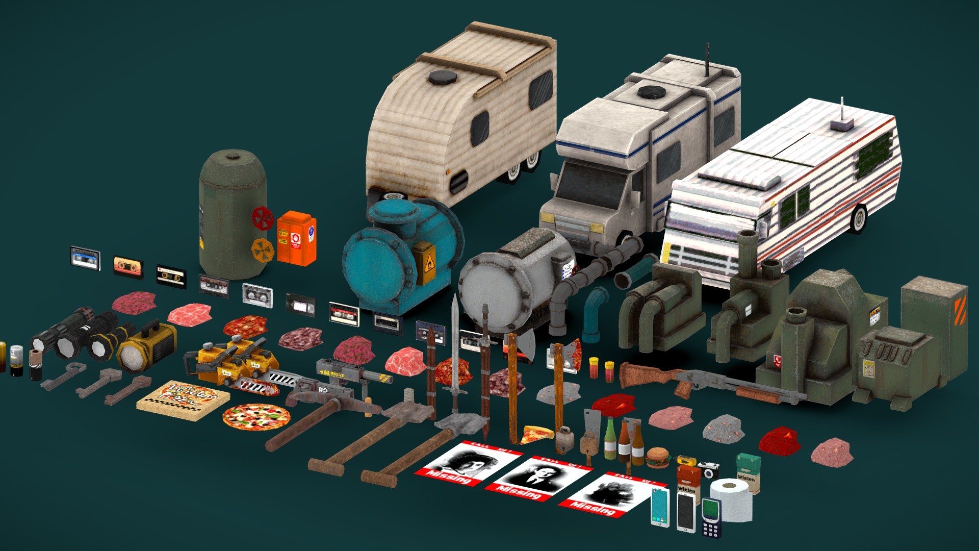 **This asset pack contains the following psx-like assets : **

In the viewer there are displayed only a part of the models.




RVS

Mechanical/Machinery/Generators

Cassette Tapes

Guns(Shotgun/Uzi/Handcannon/USP/Mauser,Flamethrower/Katana)

Meats/Flesh

Melee(Chainsaw/Axe/Cleaver/Sword)

Deadly Traps

Misc Items(Guitars,flashlights)

I am going to add more assets to this pack :)