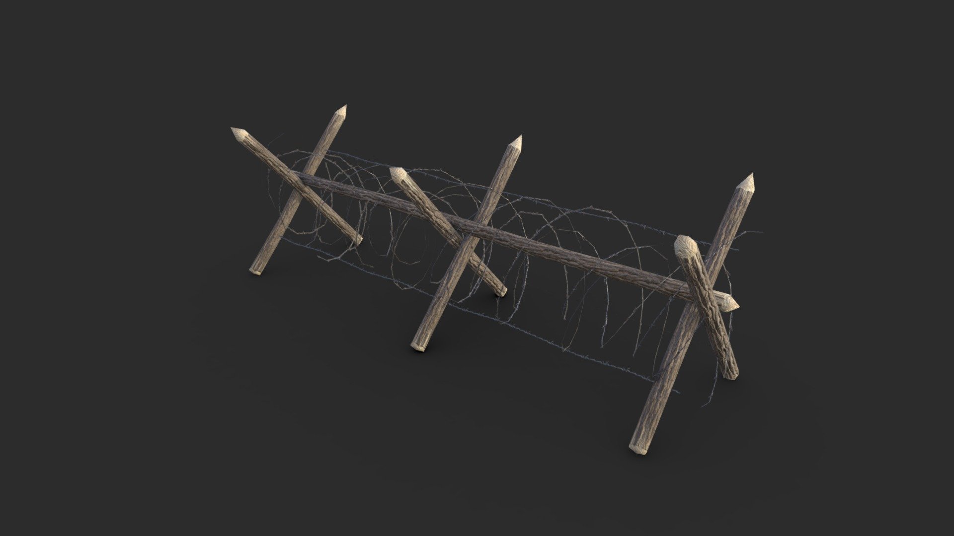 A 3D model of a barbed wire fence used during the WWI and the WWII. This fence was used in front of trenches for WWI and also on the Atlantic Wall during the D-Day in Normandy for WWII. This model is game ready and includes 3 LODs. It includes a unique material with 2 versions of textures (clean and dirty).

The 3D model is ready for game and low poly using. All materials are ready for PBR rendering.

Originally created with Blender 2.79b

Low poly model

SPECIFICATIONS

Objects : 3
Polygons : 1202
Subdivision ready : No
Render engine : Cycles render (Eevee ready)

LODs

LOD0 : 796
LOD1 : 264
LOD2 : 142

TEXTURES

Materials in scene : 1
Textures sizes : 4K / 2K / 1K
Textures types : Diffuse, Metallic, Roughness, Normal (DirectX &amp; OpenGL), Heigh and AO
Textures format : PNG

GENERAL

Real scale : Yes
Scene objects are organized by groups

ADDITIONAL NOTES

File formats do not include textures. All textures are in a specific folder named &lsquo;Textures'