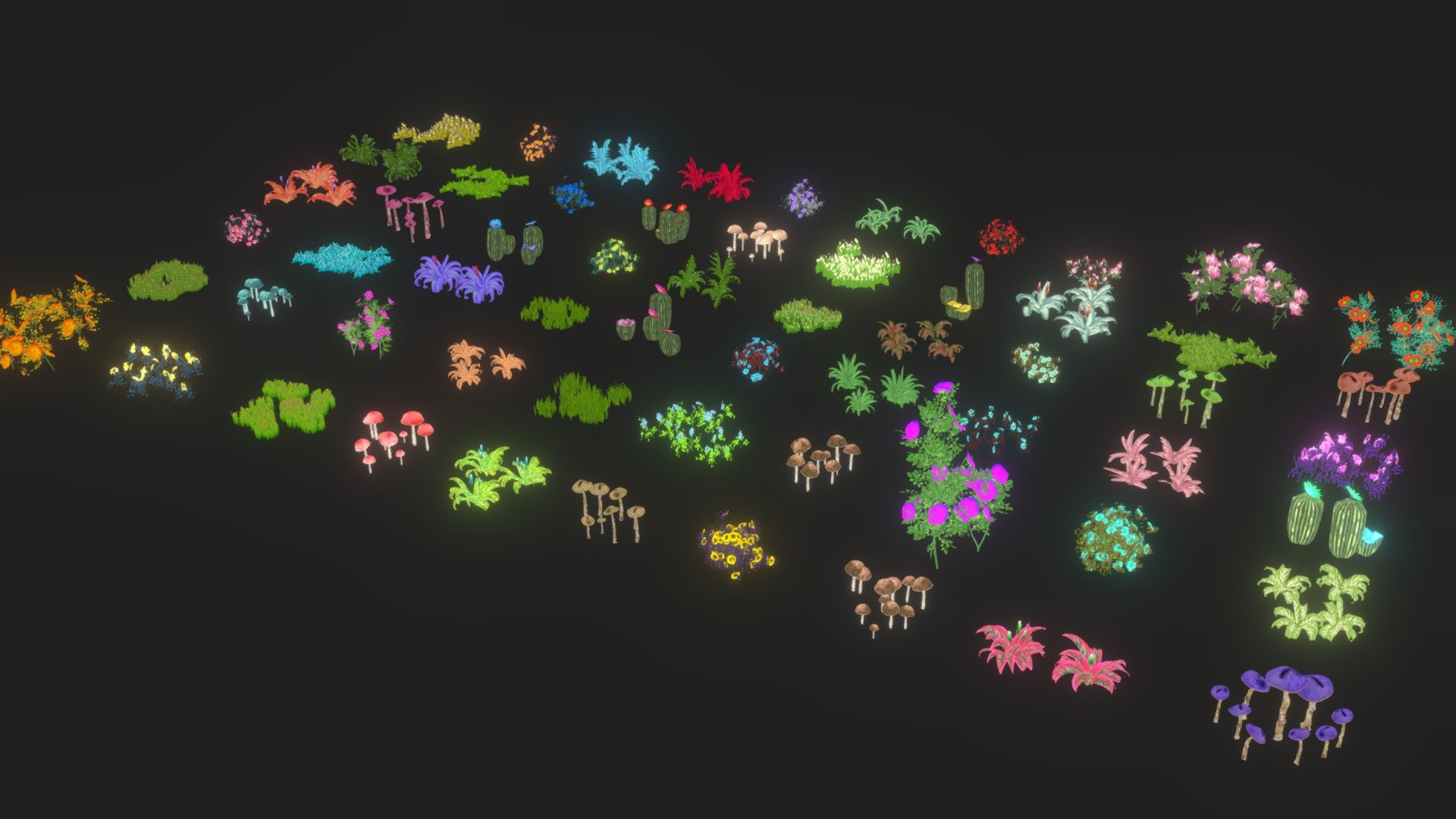 A package of low polygonal plants. The package contains 60 objects. Objects are optimized as much as possible. The total polygon is 306407 triangles.

Triangles: 840 to 9244 Vertexs: 945 to 20558 Only Textures Diffus duplicated in resolution 1024 and 512. Format textures of PNG. Files include: 3Dsmax, 3Ds, Obj, Fbx and folder with textures. Ready import to game project (Unity, Unreal)
Enjoy and great works for you!