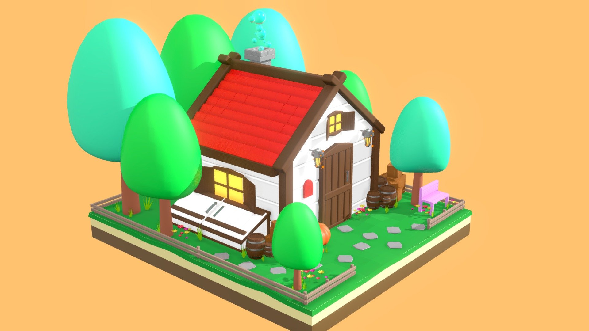 ● Cute cartoon style house with flowers, pumpkin and trees in forest 

● Scene include house, trees, pumpkin, fence , bench, grass, flowers, barrels and boxes

● Quad Geometry

●  Made in Blender