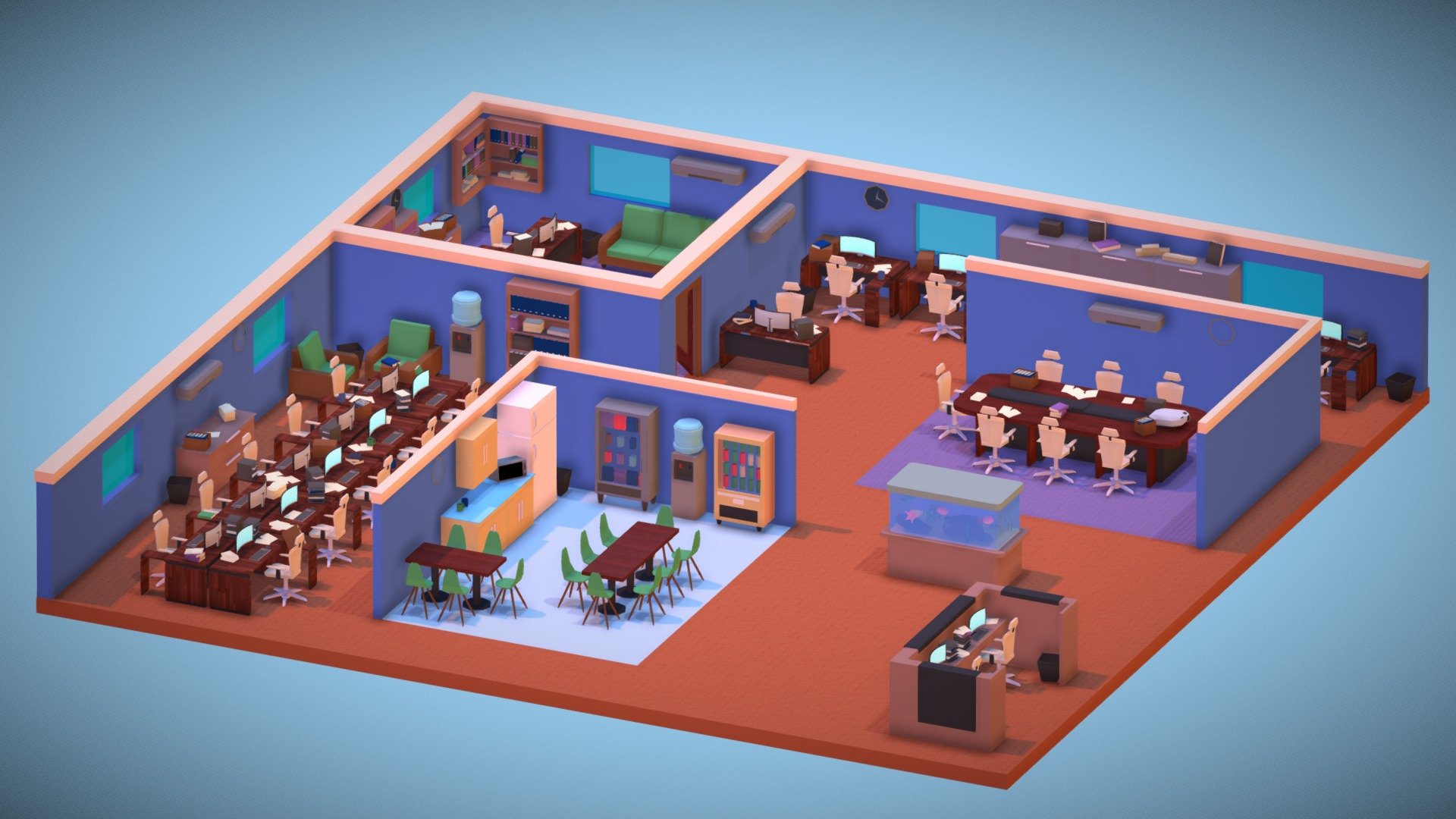Low-poly isometric office environment scene. Everything is made by me exclusivly in Blender(excetp 3 textures).

You can check out renders of this and other models on my porfolio here: https://www.artstation.com/artwork/wJ46mg